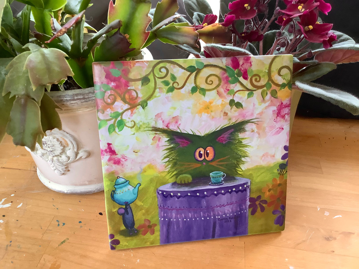 Green Cat Tea Party - Ceramic Tile