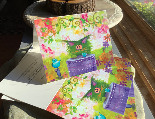 Green Cat Tea Party — Note Card
