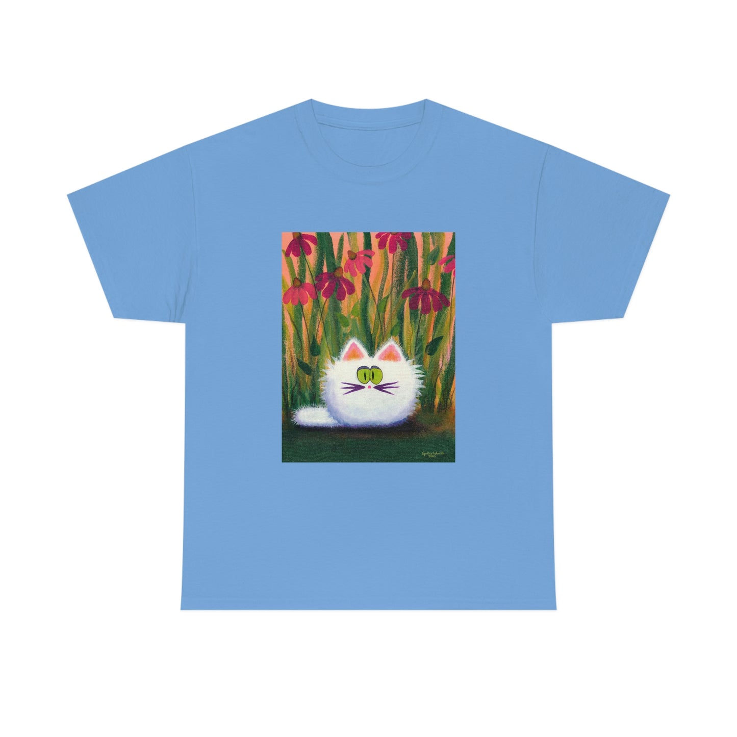 White FluffCat with Coneflowers - T-Shirt!  Free Shipping!