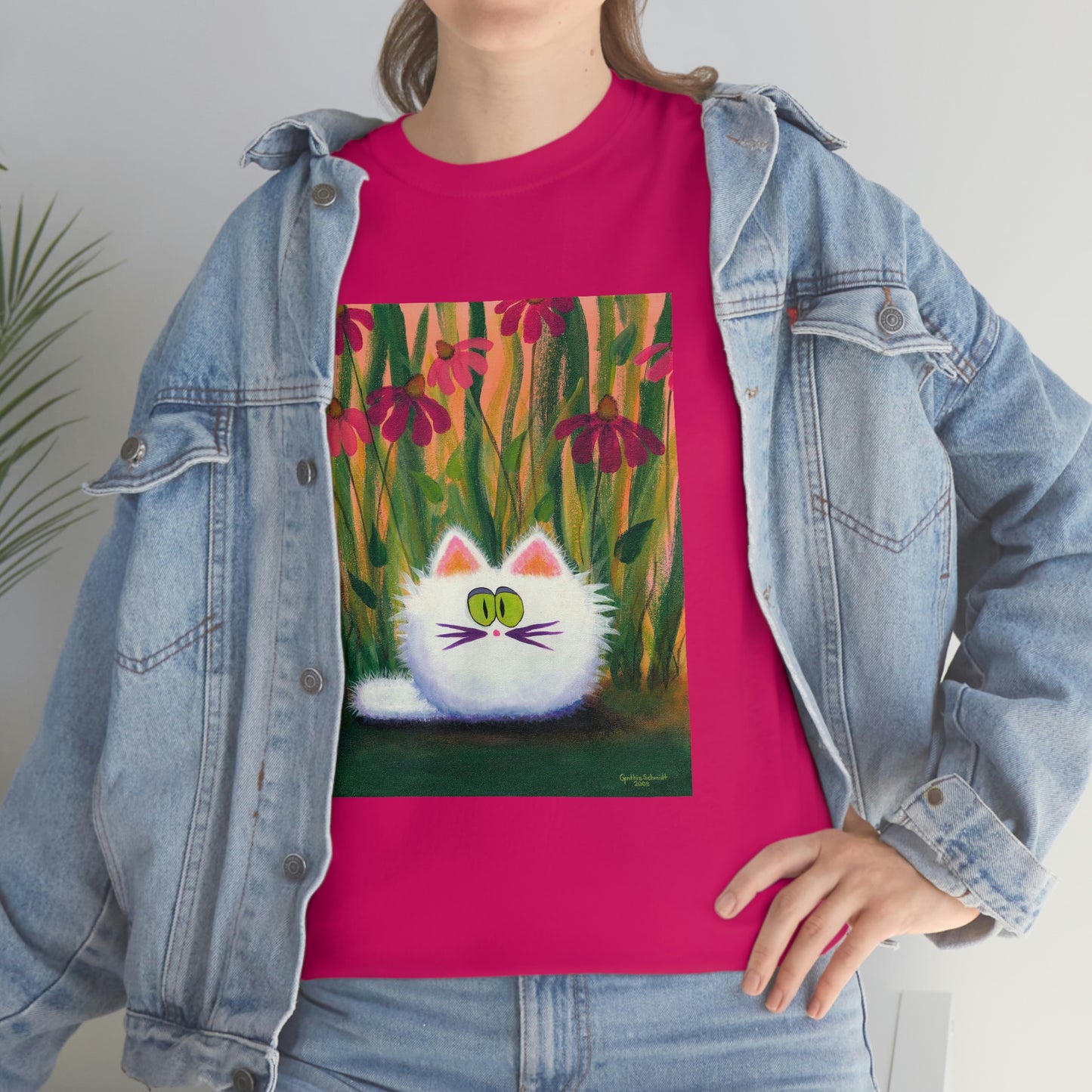 White FluffCat with Coneflowers - T-Shirt!  Free Shipping!