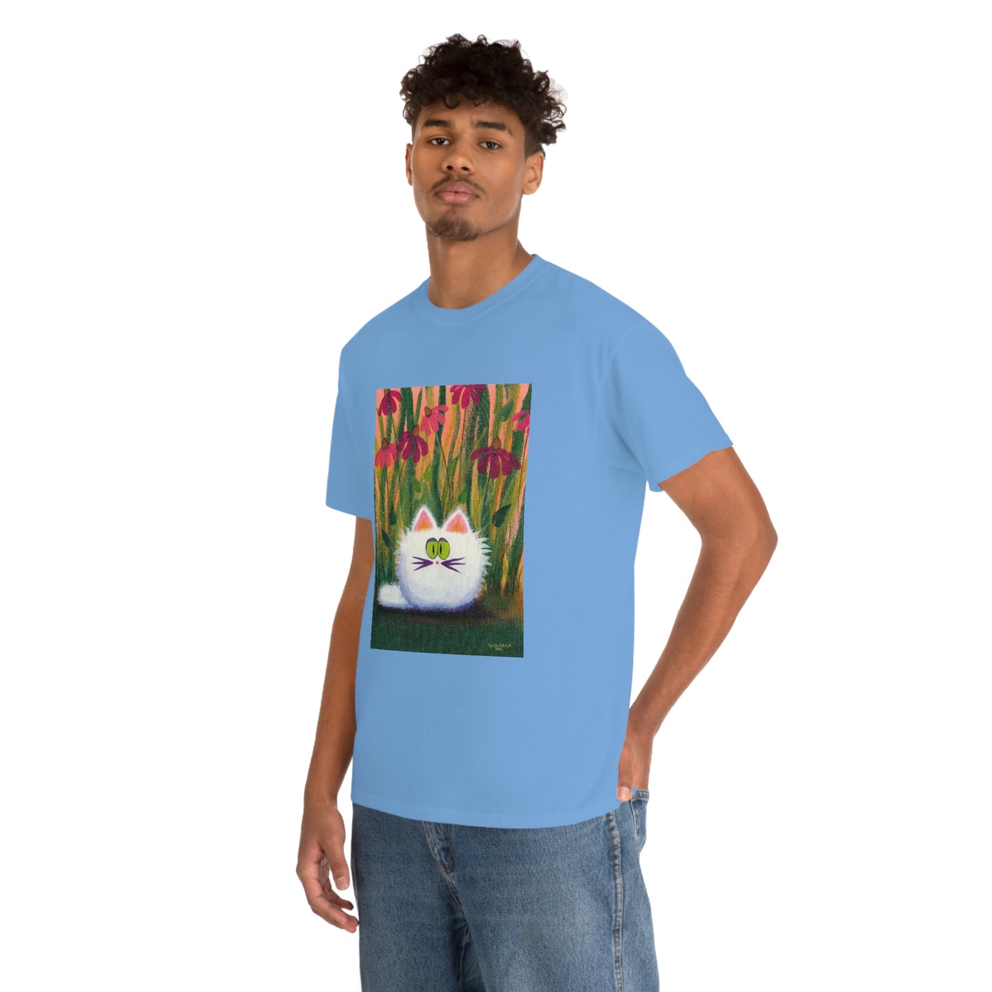 White FluffCat with Coneflowers - T-Shirt!  Free Shipping!