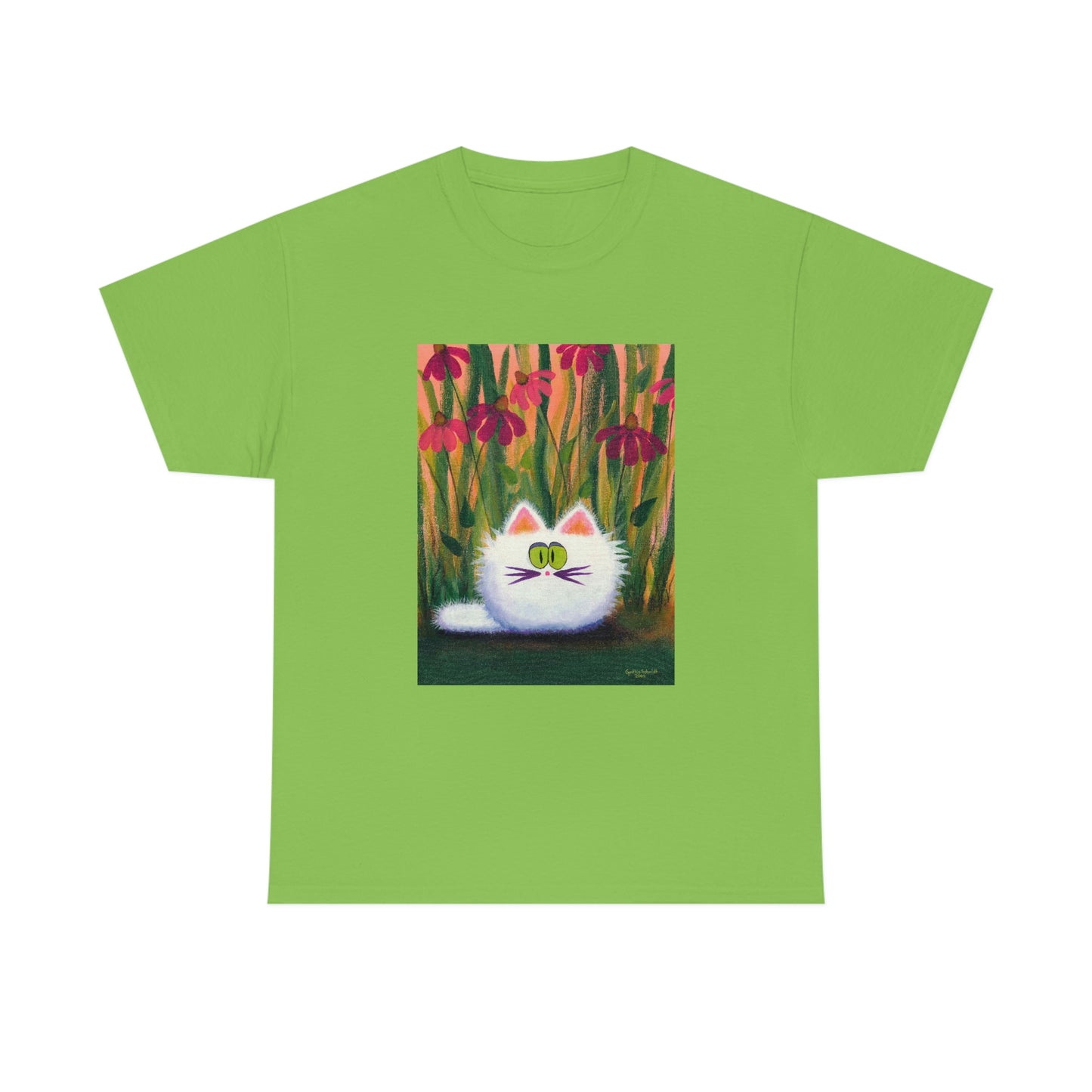 White FluffCat with Coneflowers - T-Shirt!  Free Shipping!