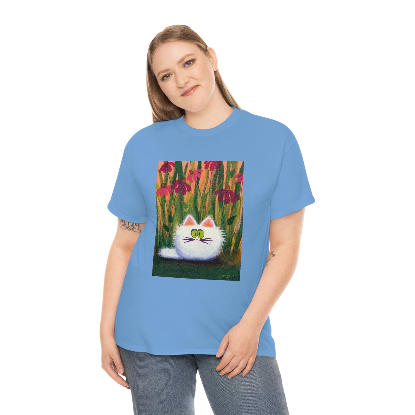 White FluffCat with Coneflowers - T-Shirt!  Free Shipping!