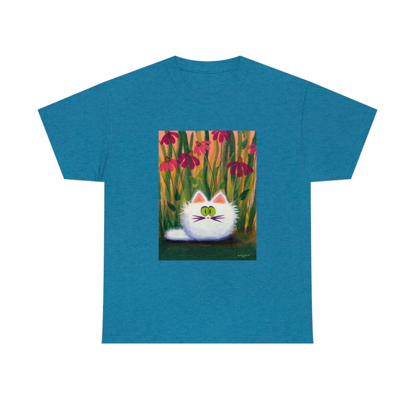 White FluffCat with Coneflowers - T-Shirt!  Free Shipping!