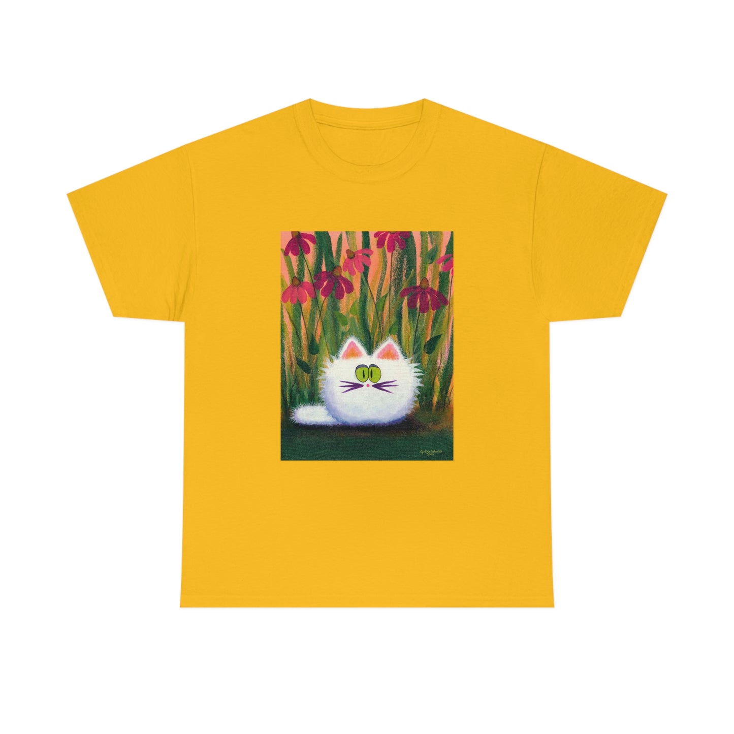 White FluffCat with Coneflowers - T-Shirt!  Free Shipping!