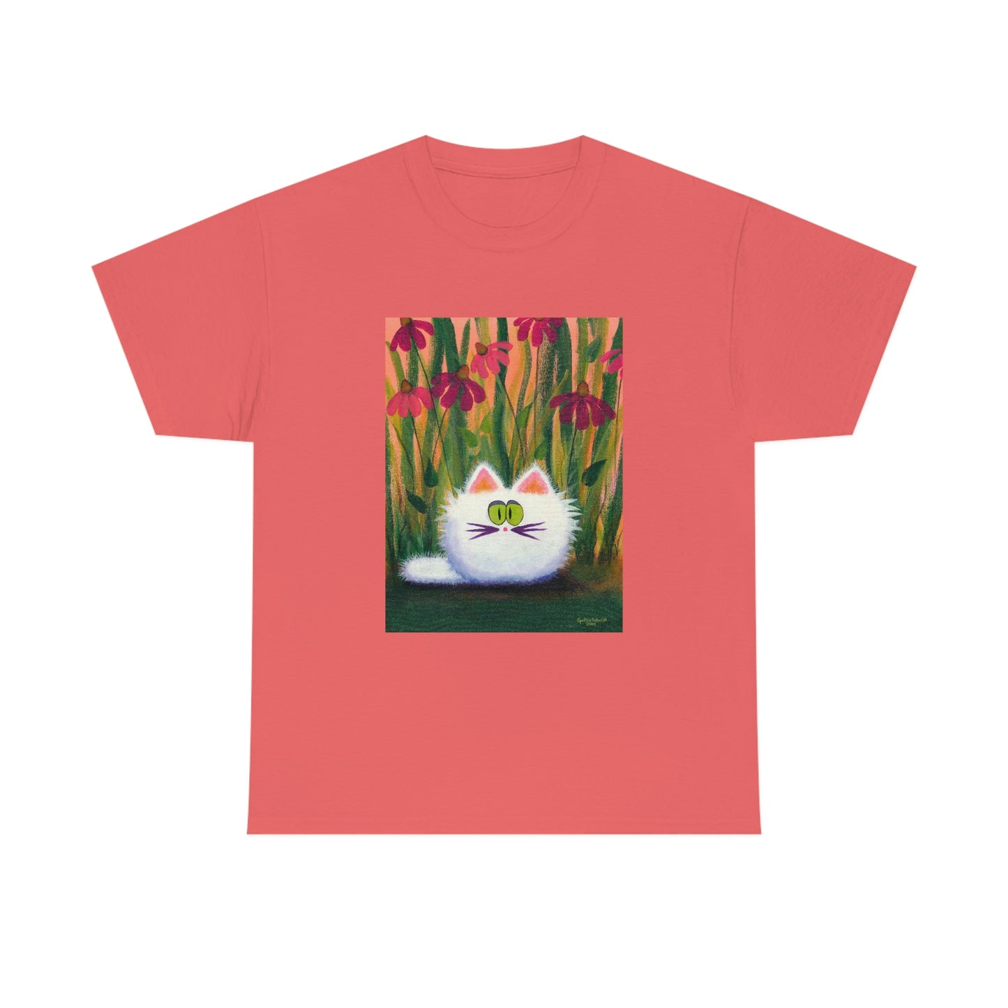White FluffCat with Coneflowers - T-Shirt! Free Shipping!