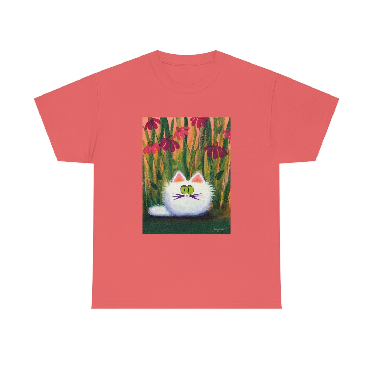 White FluffCat with Coneflowers - T-Shirt!  Free Shipping!