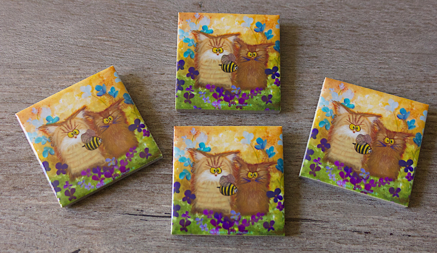 2 Orange Cranky Cats with BEE - Magnet