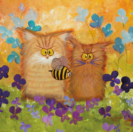 2 Orange Cranky Cats with BEE - Magnet