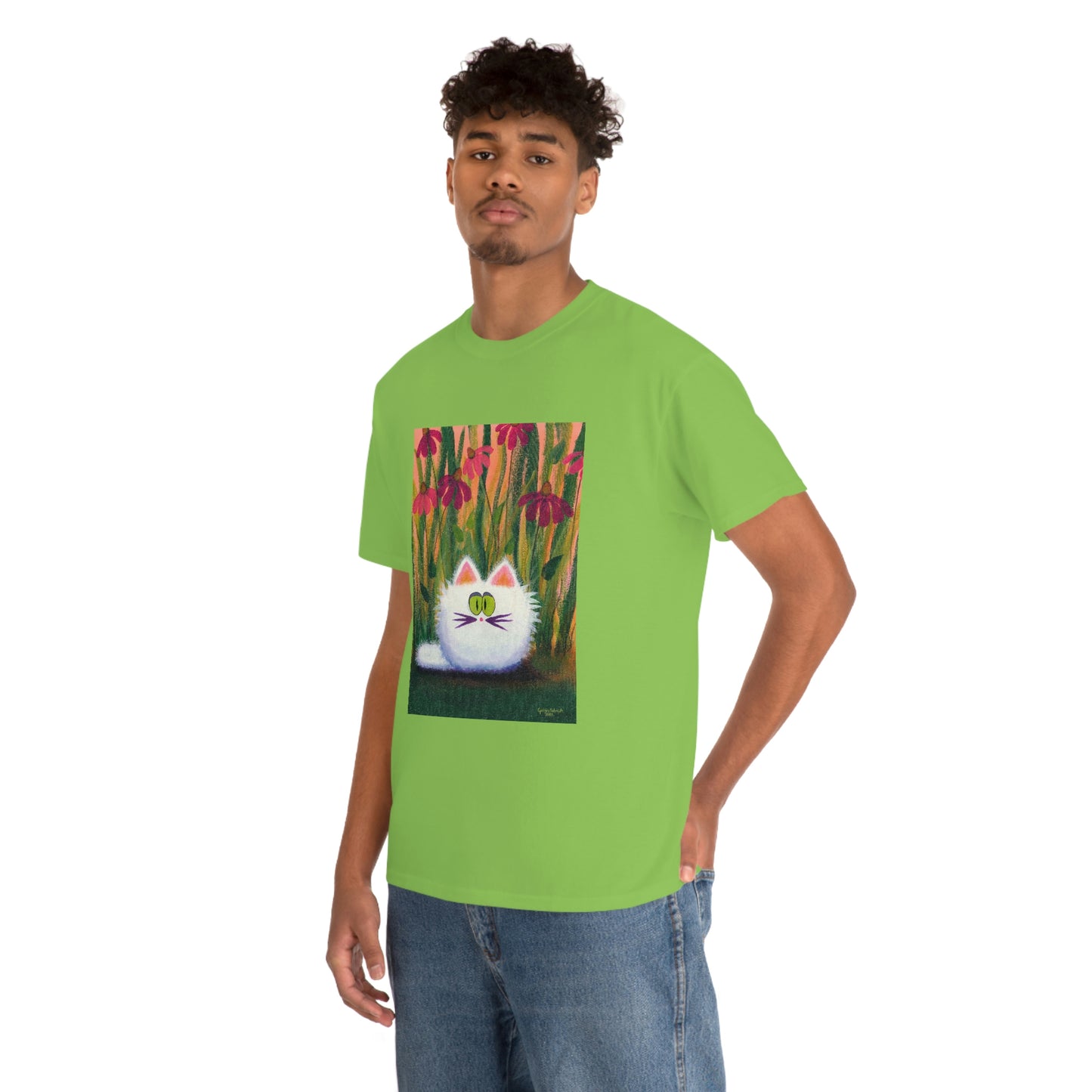 White FluffCat with Coneflowers - T-Shirt!  Free Shipping!