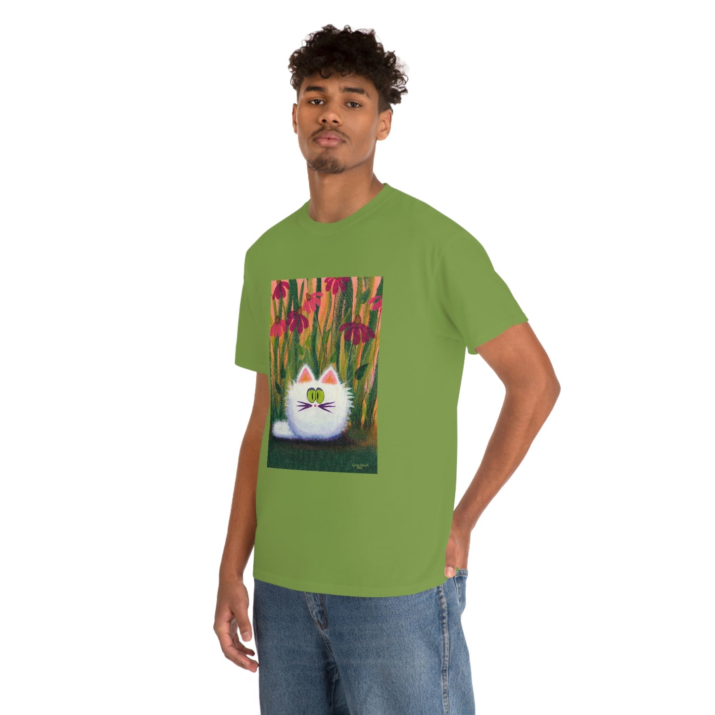 White FluffCat with Coneflowers - T-Shirt!  Free Shipping!