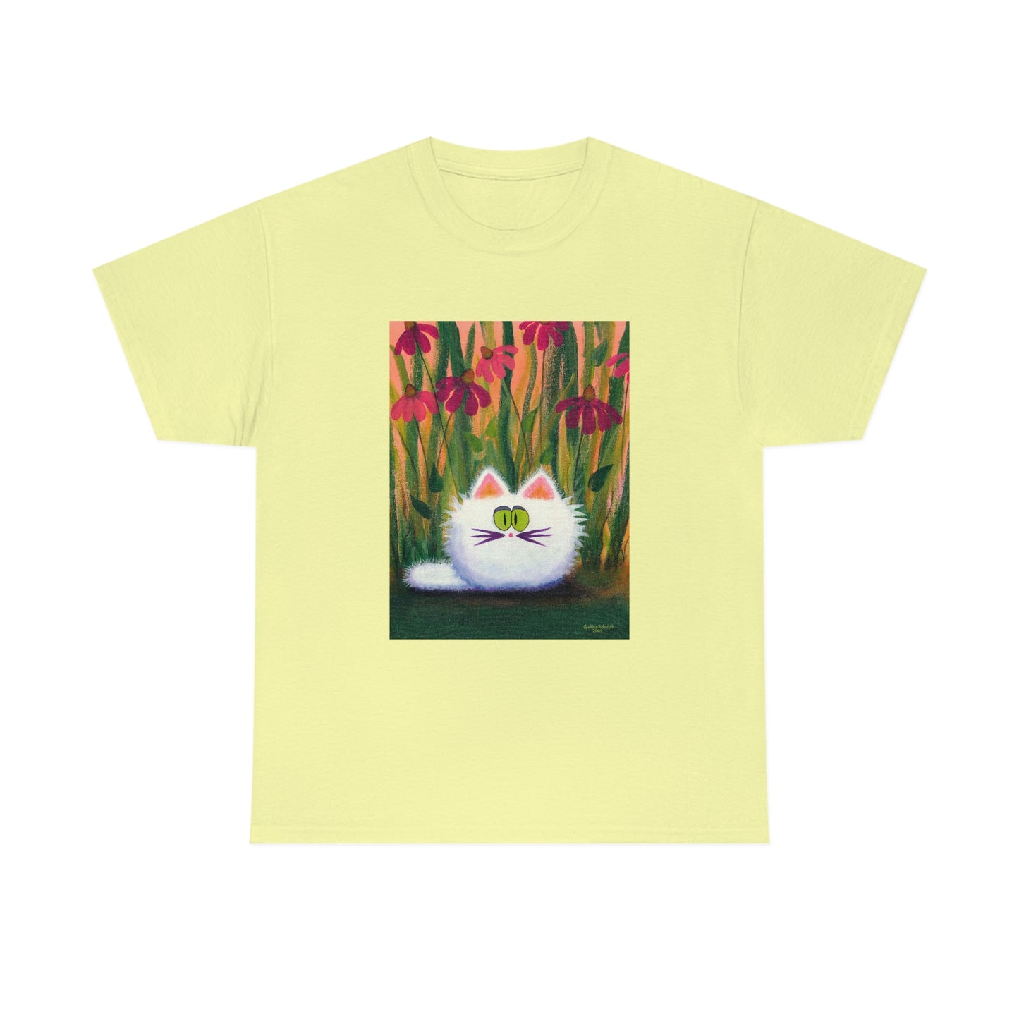 White FluffCat with Coneflowers - T-Shirt! Free Shipping!