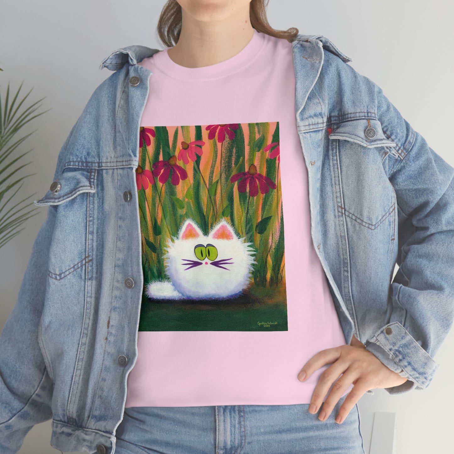 White FluffCat with Coneflowers - T-Shirt!  Free Shipping!