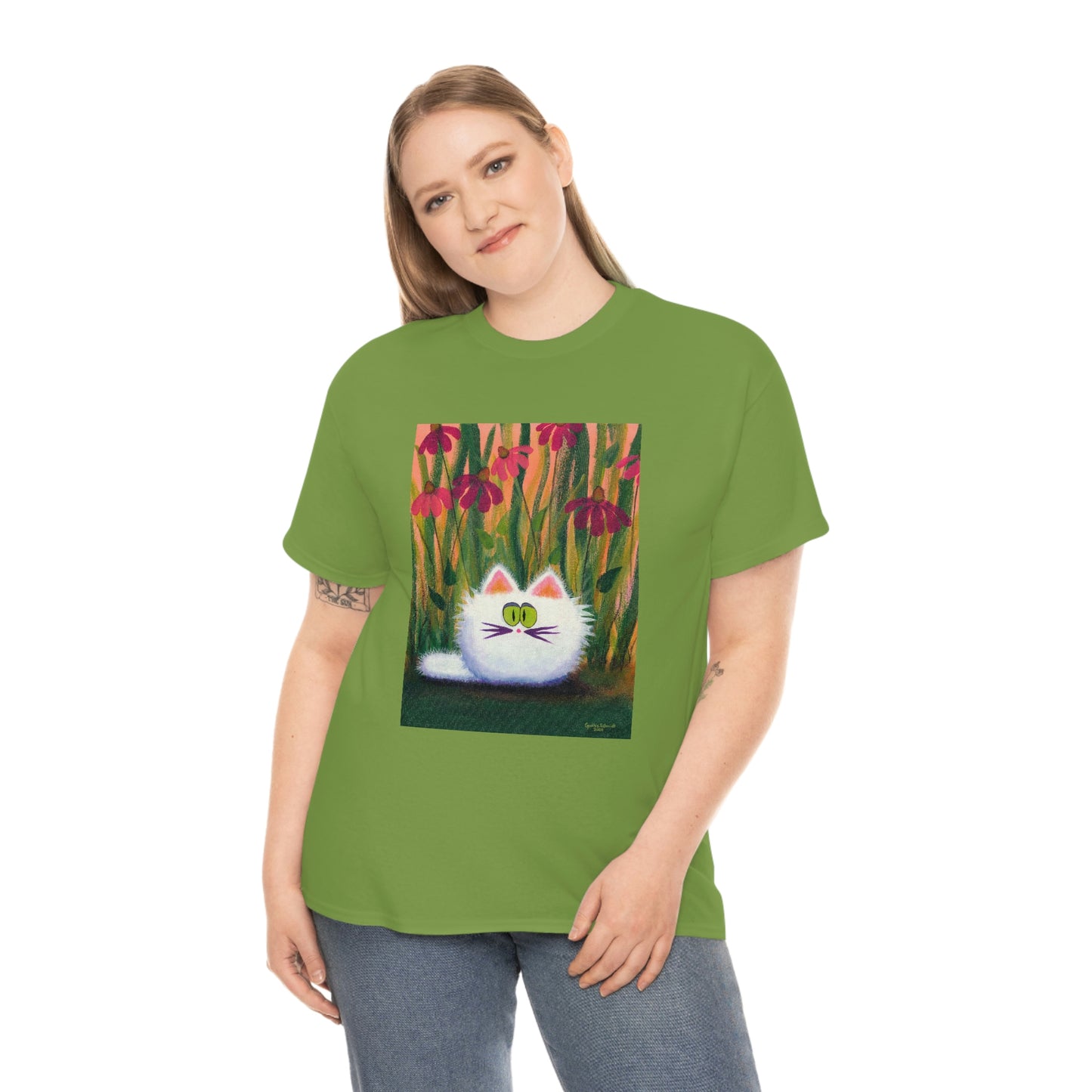 White FluffCat with Coneflowers - T-Shirt!  Free Shipping!