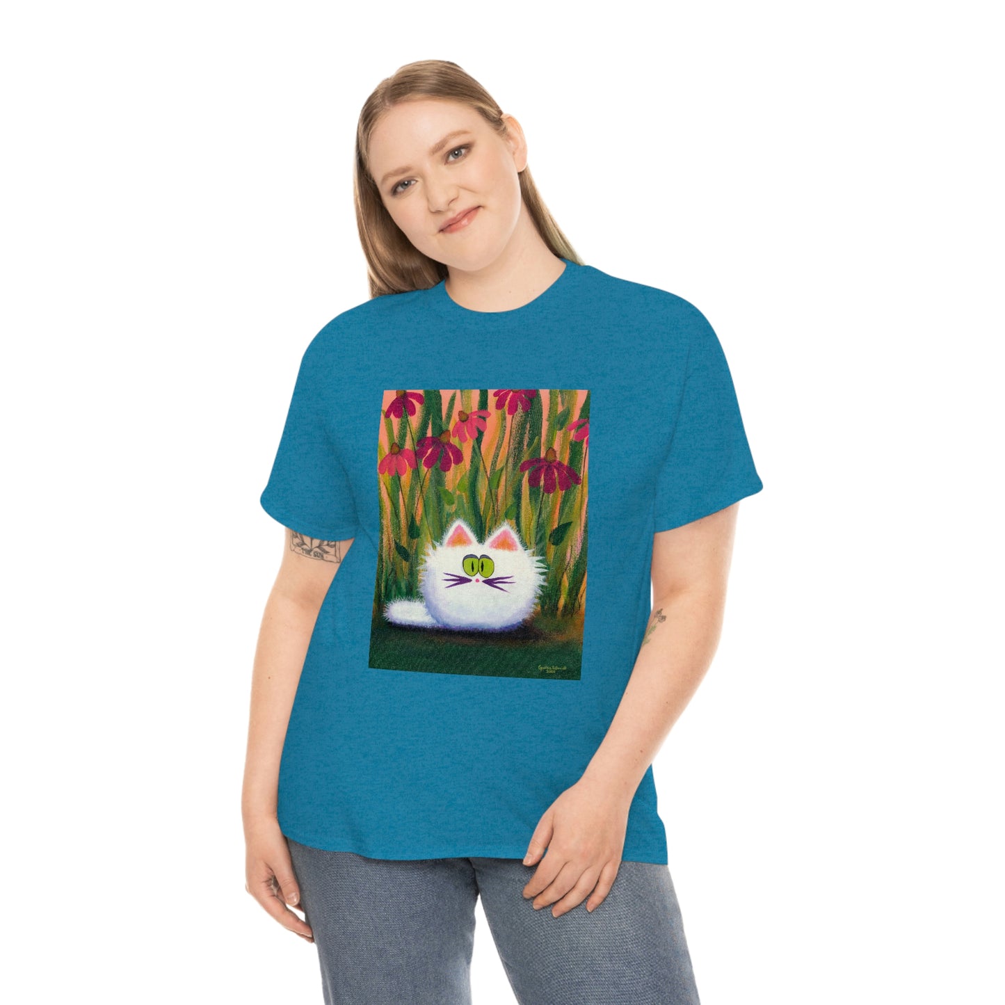 White FluffCat with Coneflowers - T-Shirt!  Free Shipping!