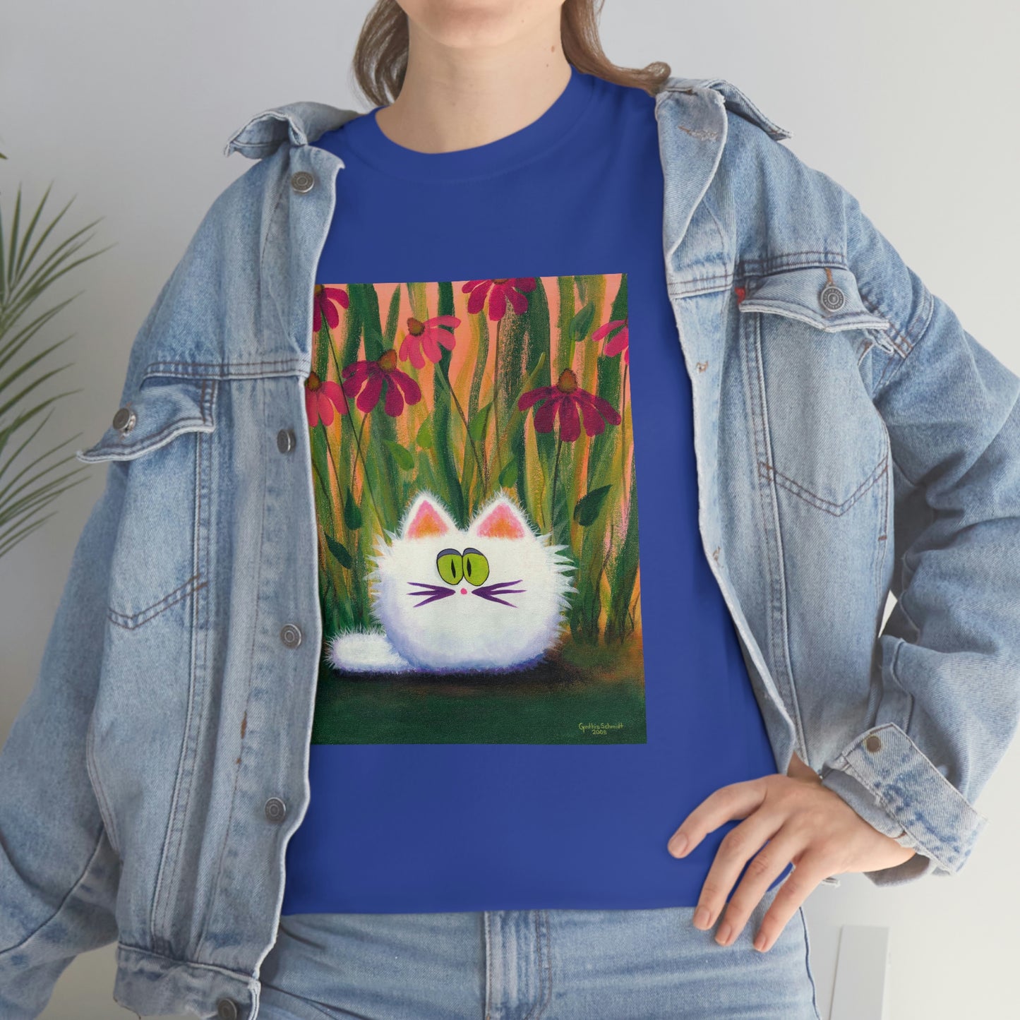 White FluffCat with Coneflowers - T-Shirt! Free Shipping!