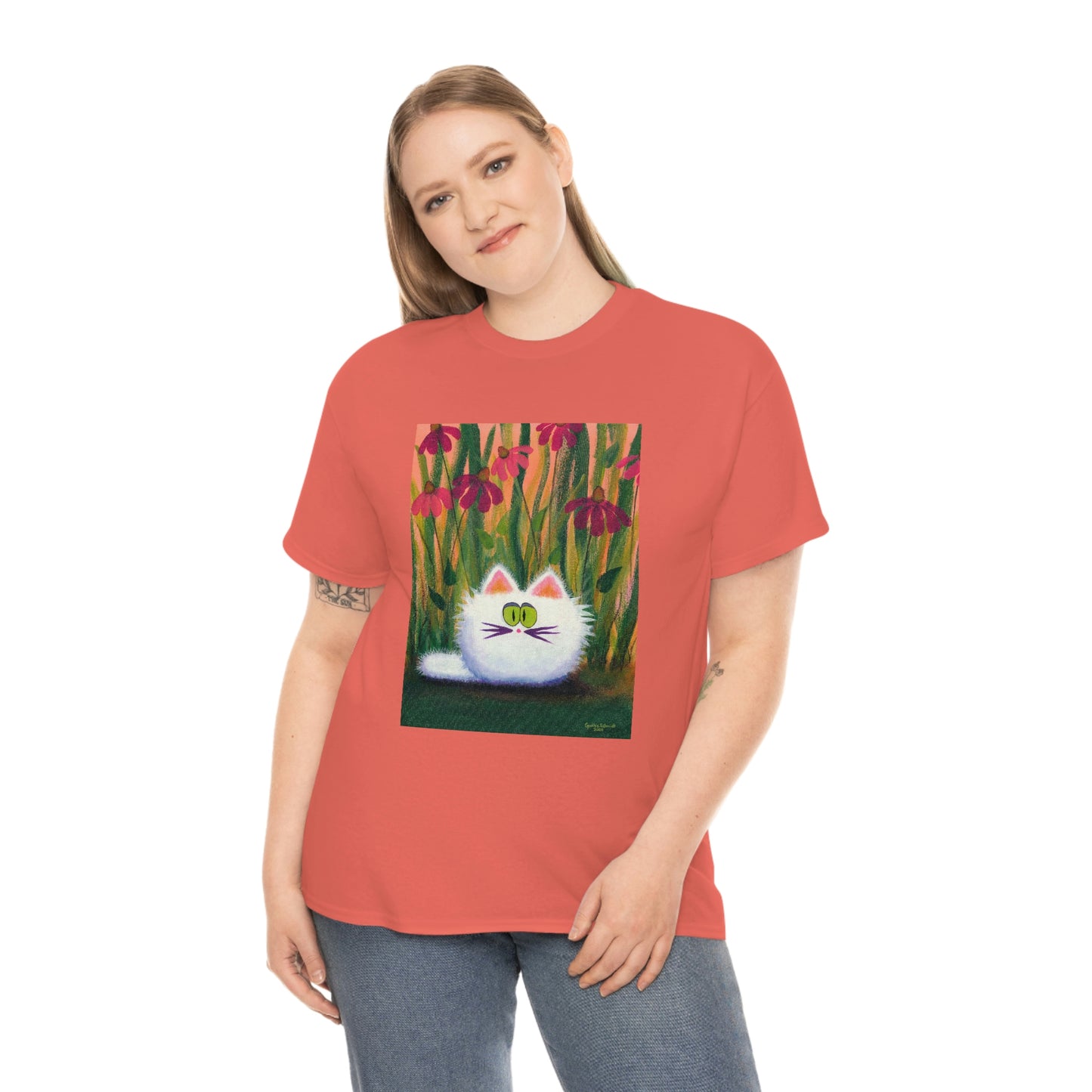 White FluffCat with Coneflowers - T-Shirt!  Free Shipping!