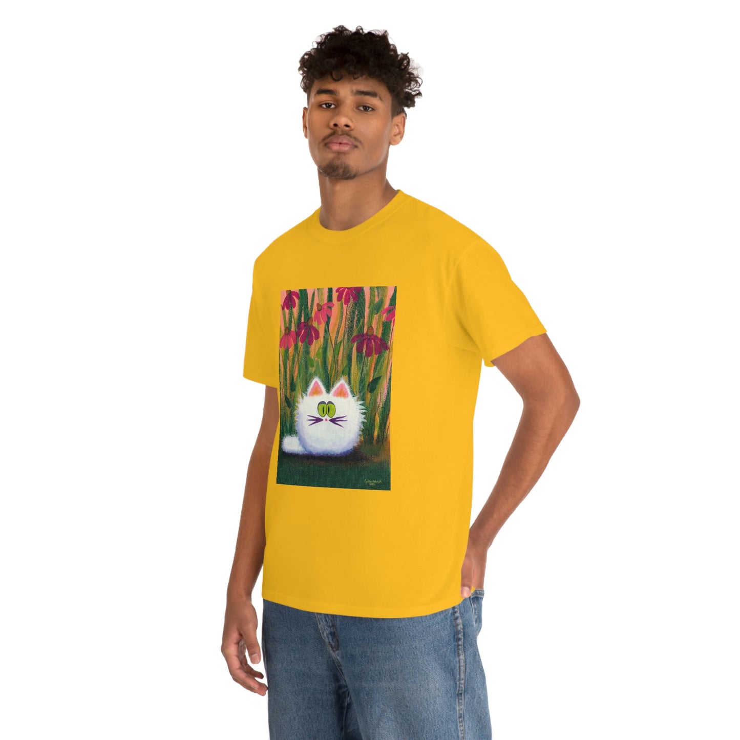 White FluffCat with Coneflowers - T-Shirt!  Free Shipping!