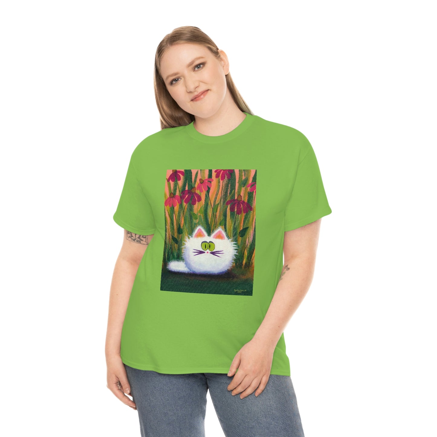White FluffCat with Coneflowers - T-Shirt! Free Shipping!
