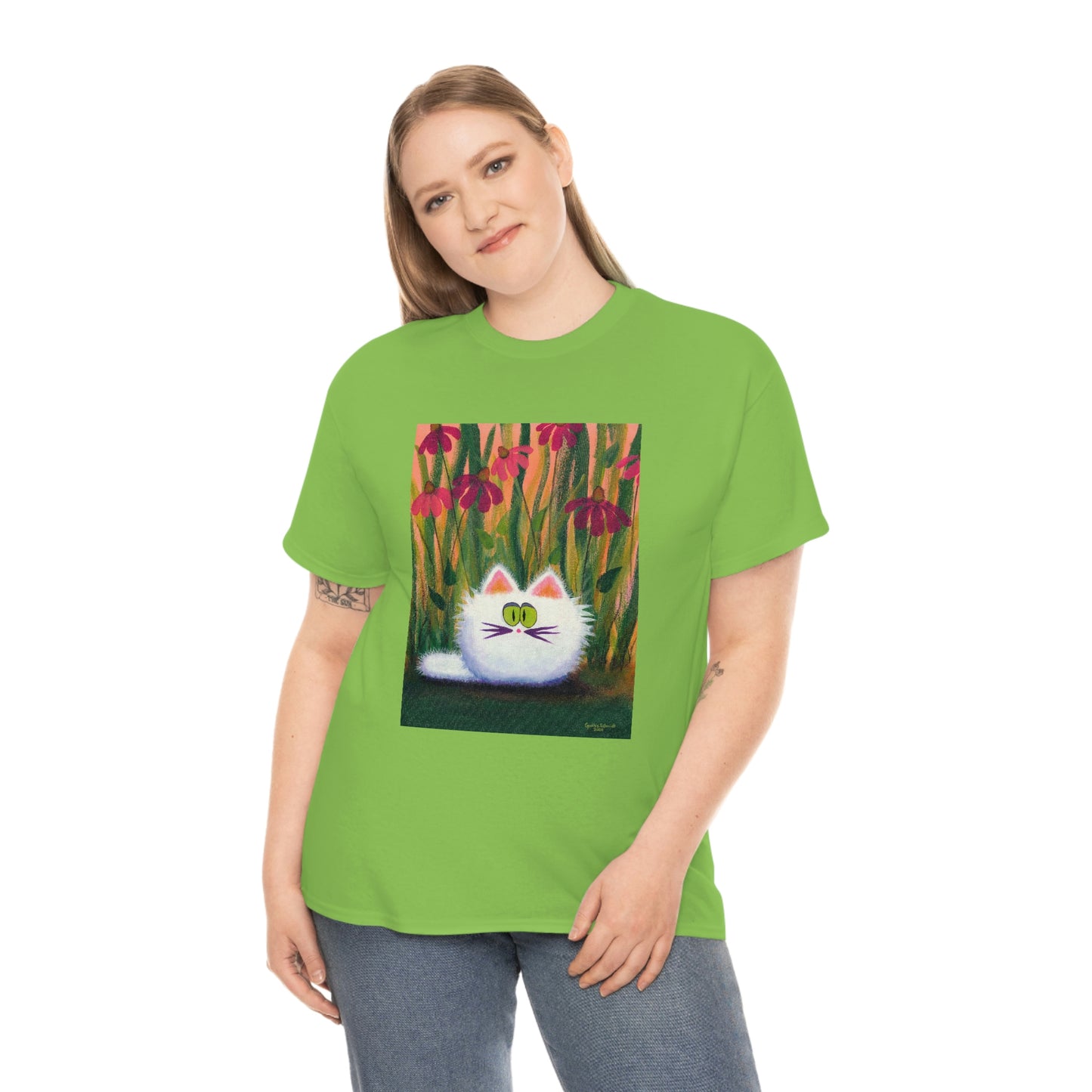 White FluffCat with Coneflowers - T-Shirt!  Free Shipping!