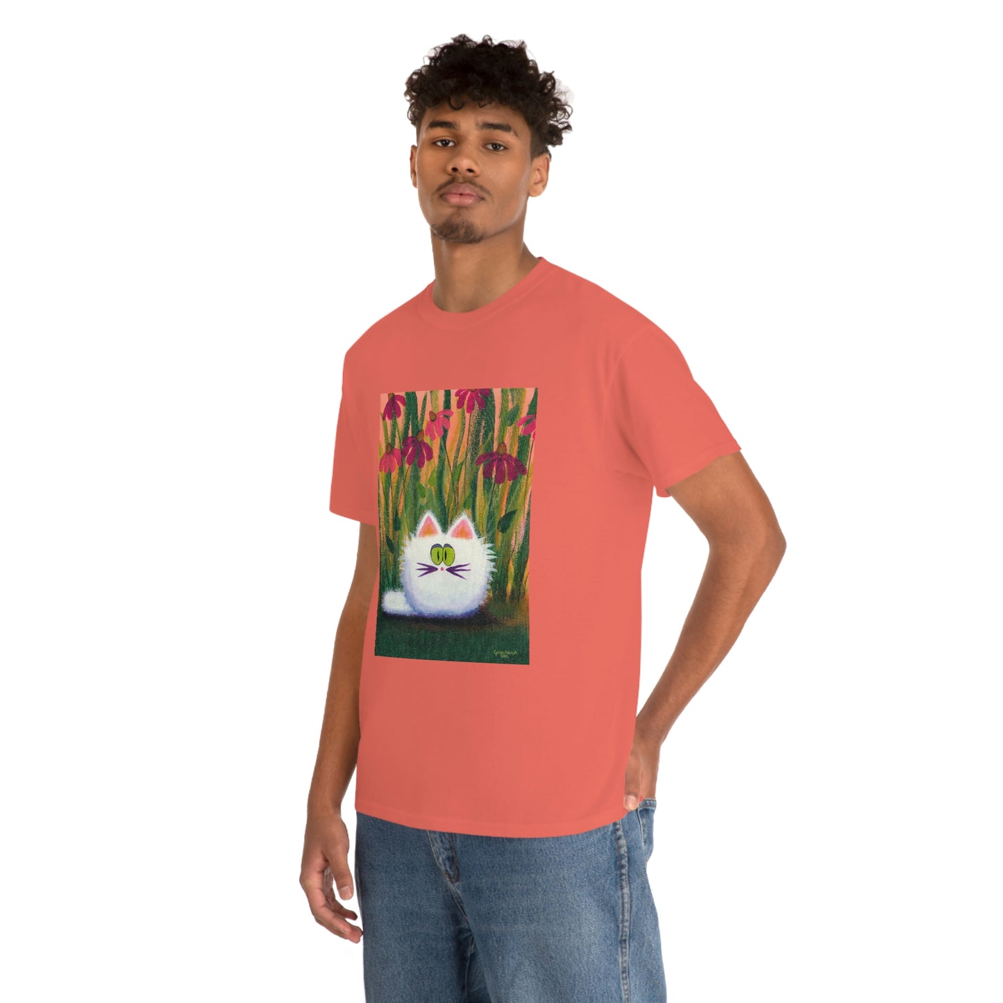 White FluffCat with Coneflowers - T-Shirt! Free Shipping!