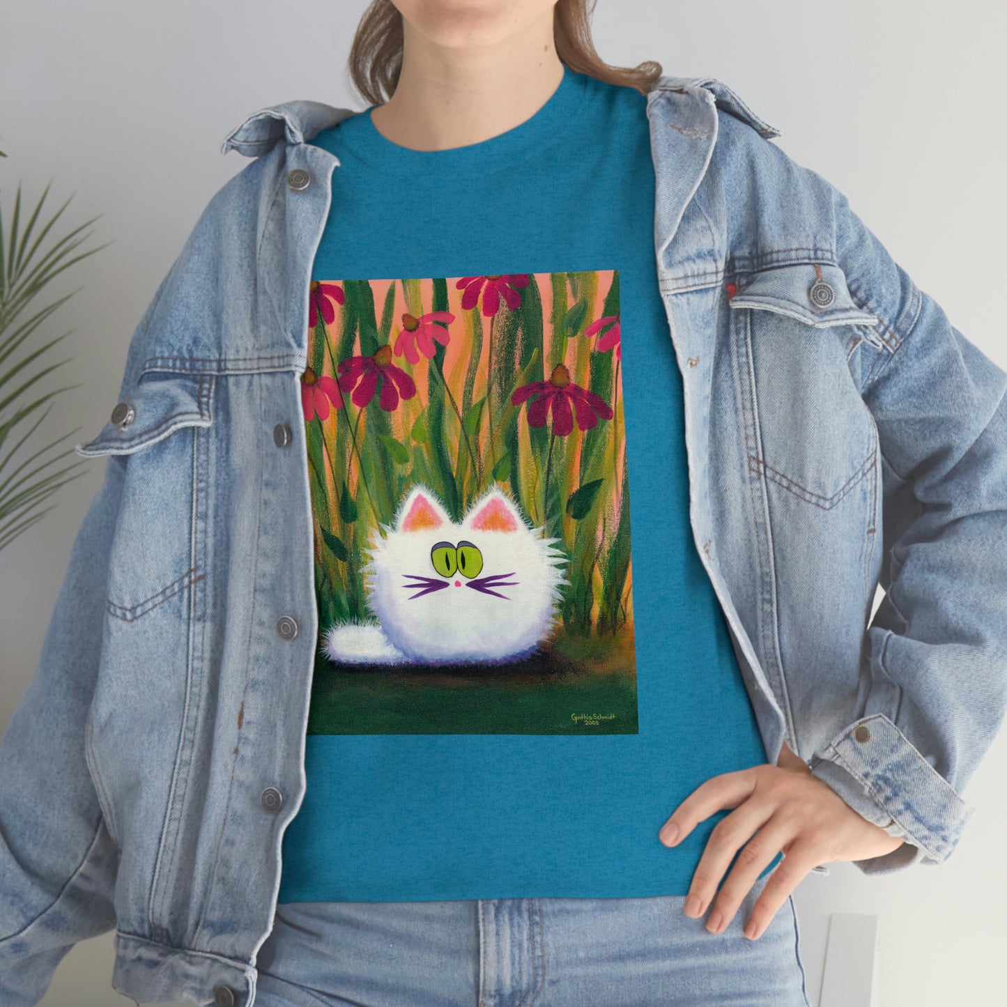 White FluffCat with Coneflowers - T-Shirt! Free Shipping!