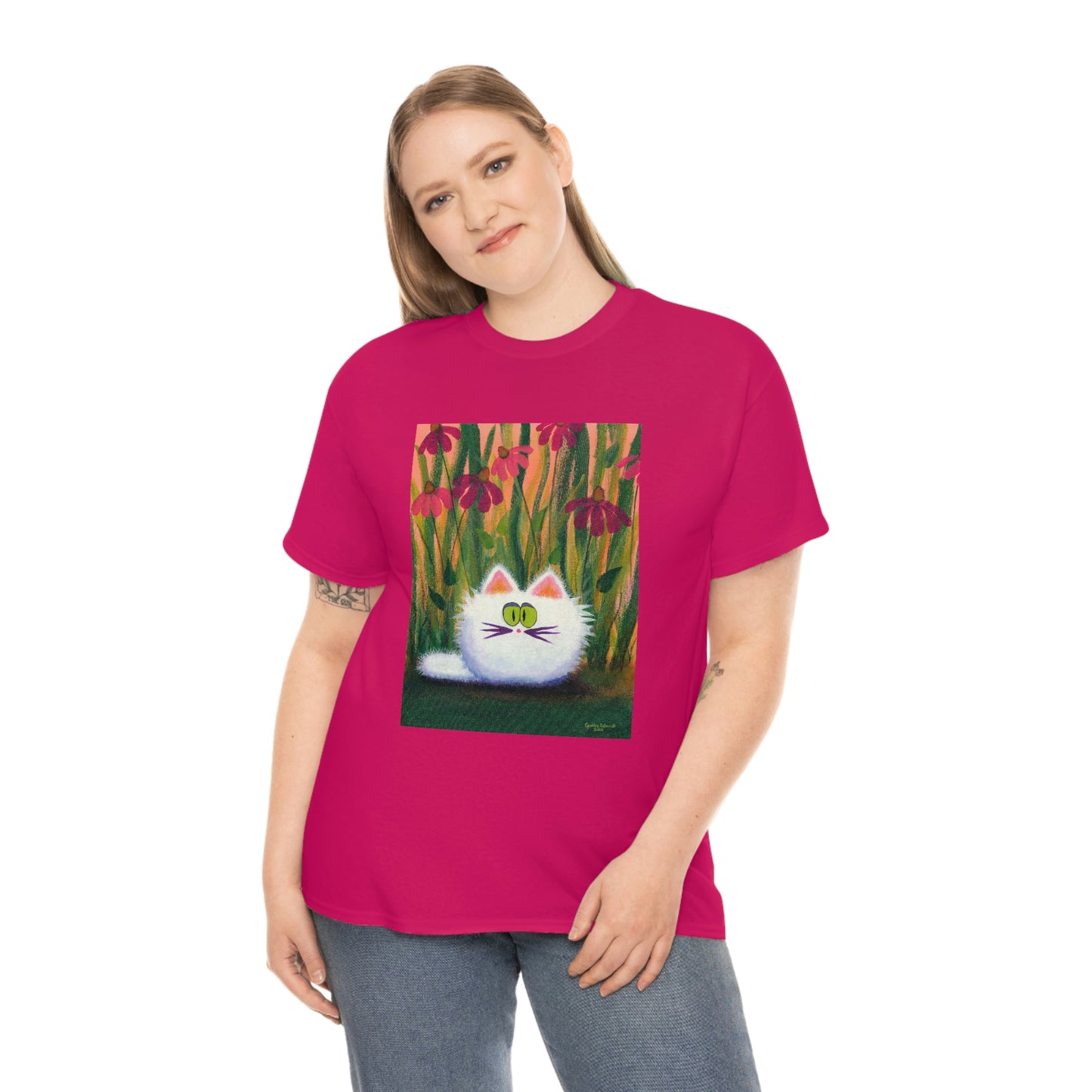 White FluffCat with Coneflowers - T-Shirt! Free Shipping!