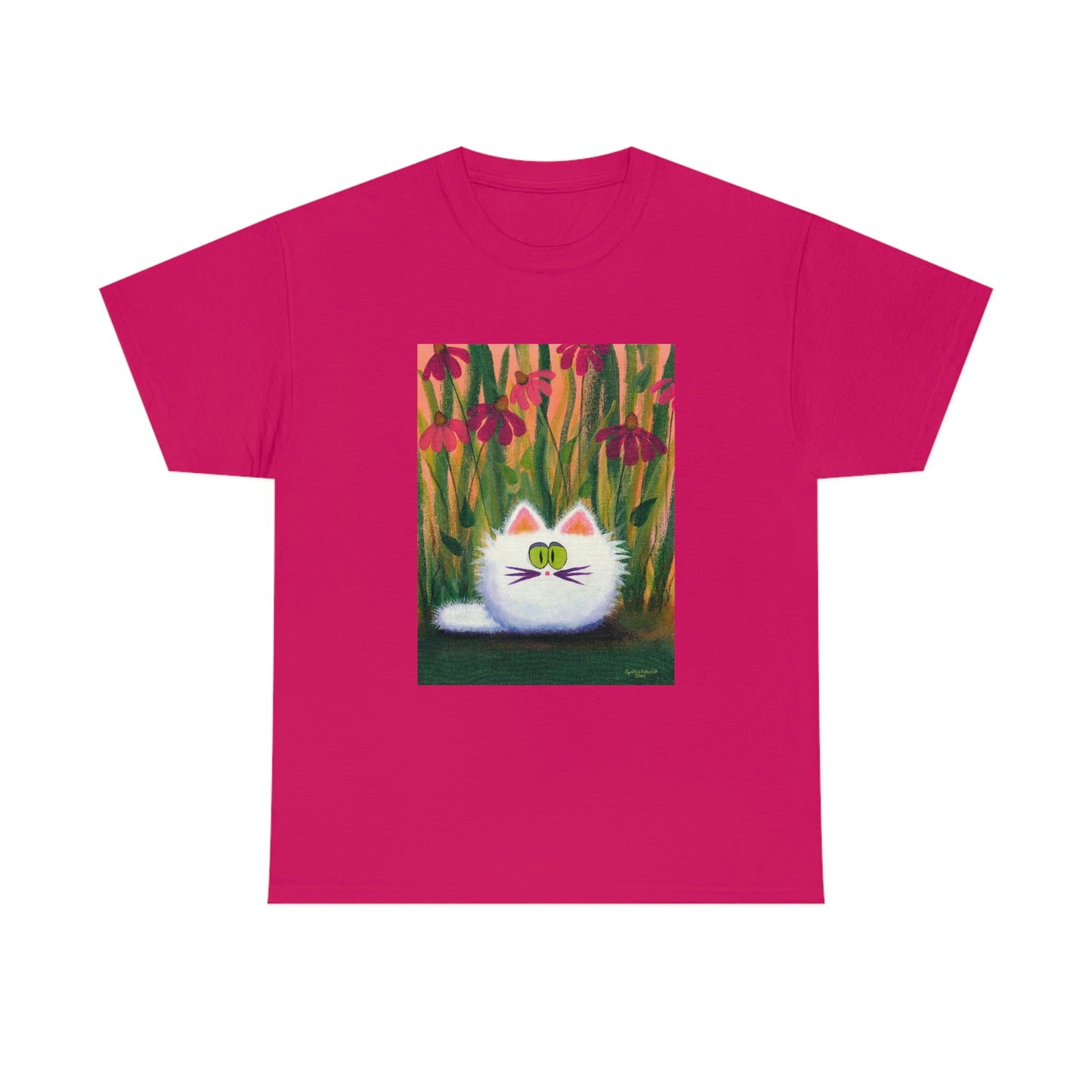 White FluffCat with Coneflowers - T-Shirt! Free Shipping!