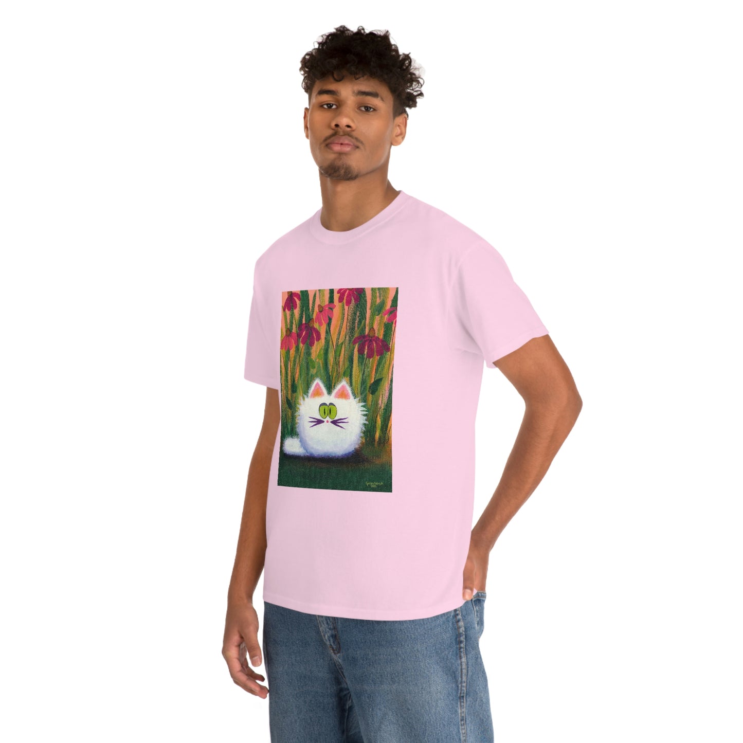 White FluffCat with Coneflowers - T-Shirt!  Free Shipping!