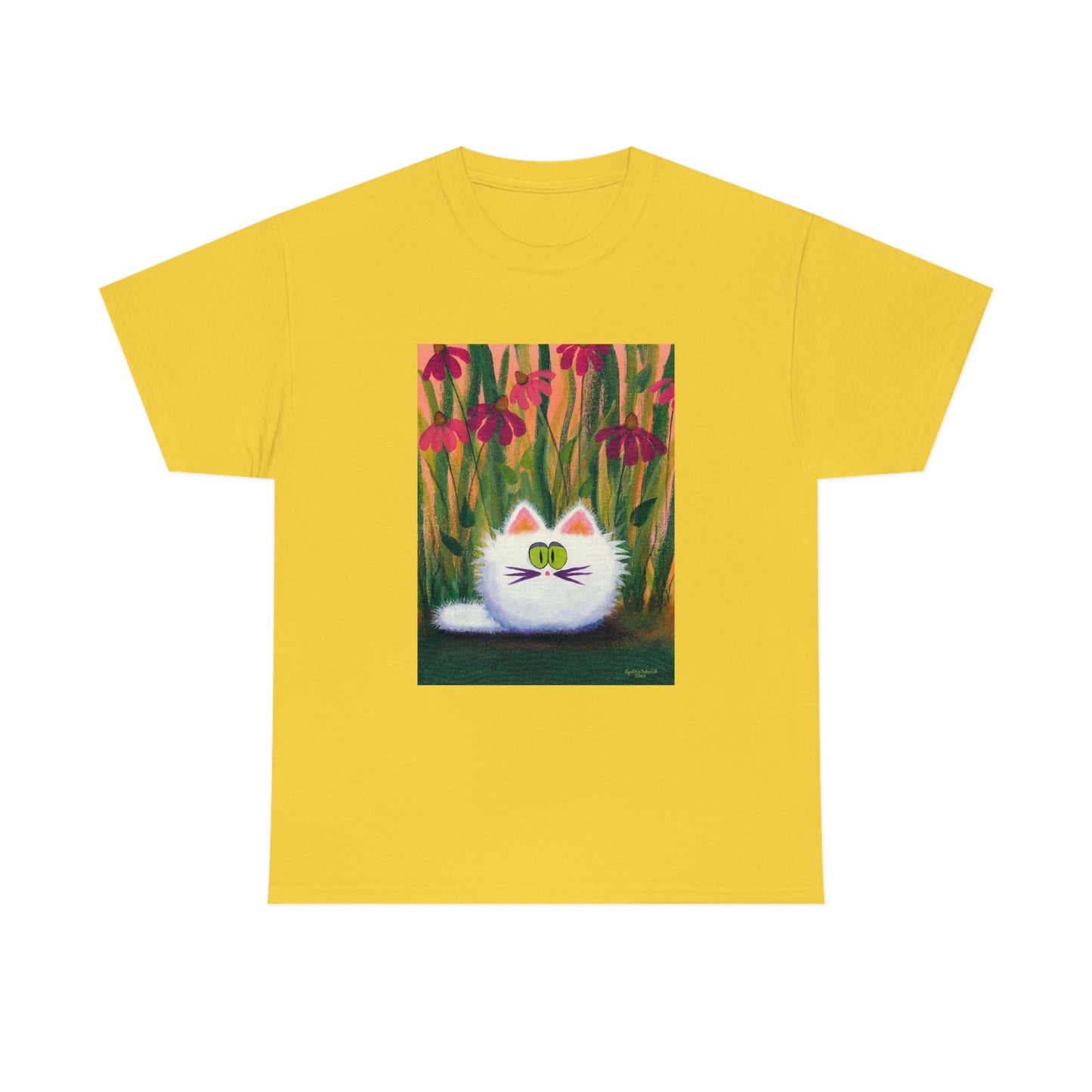 White FluffCat with Coneflowers - T-Shirt!  Free Shipping!