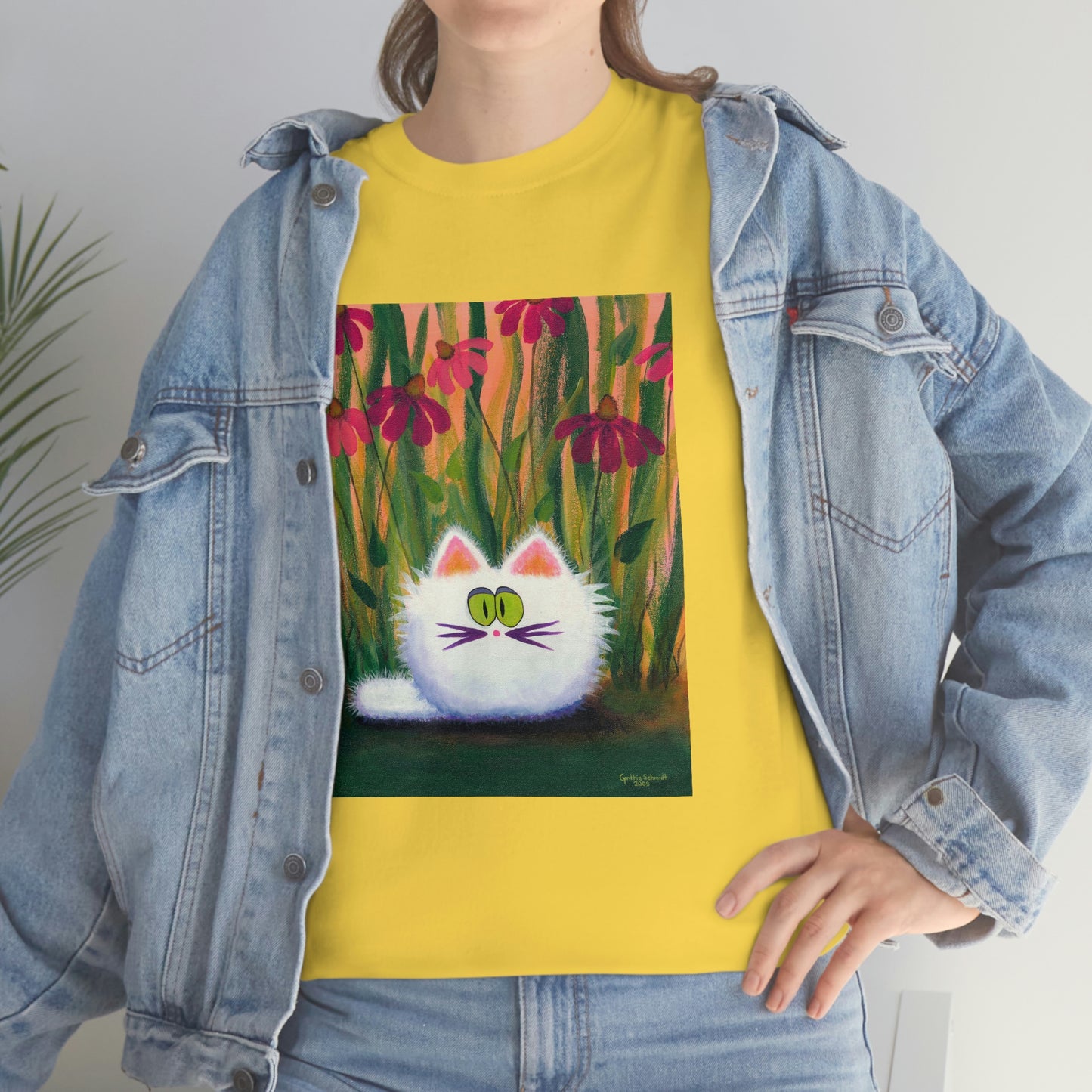 White FluffCat with Coneflowers - T-Shirt!  Free Shipping!