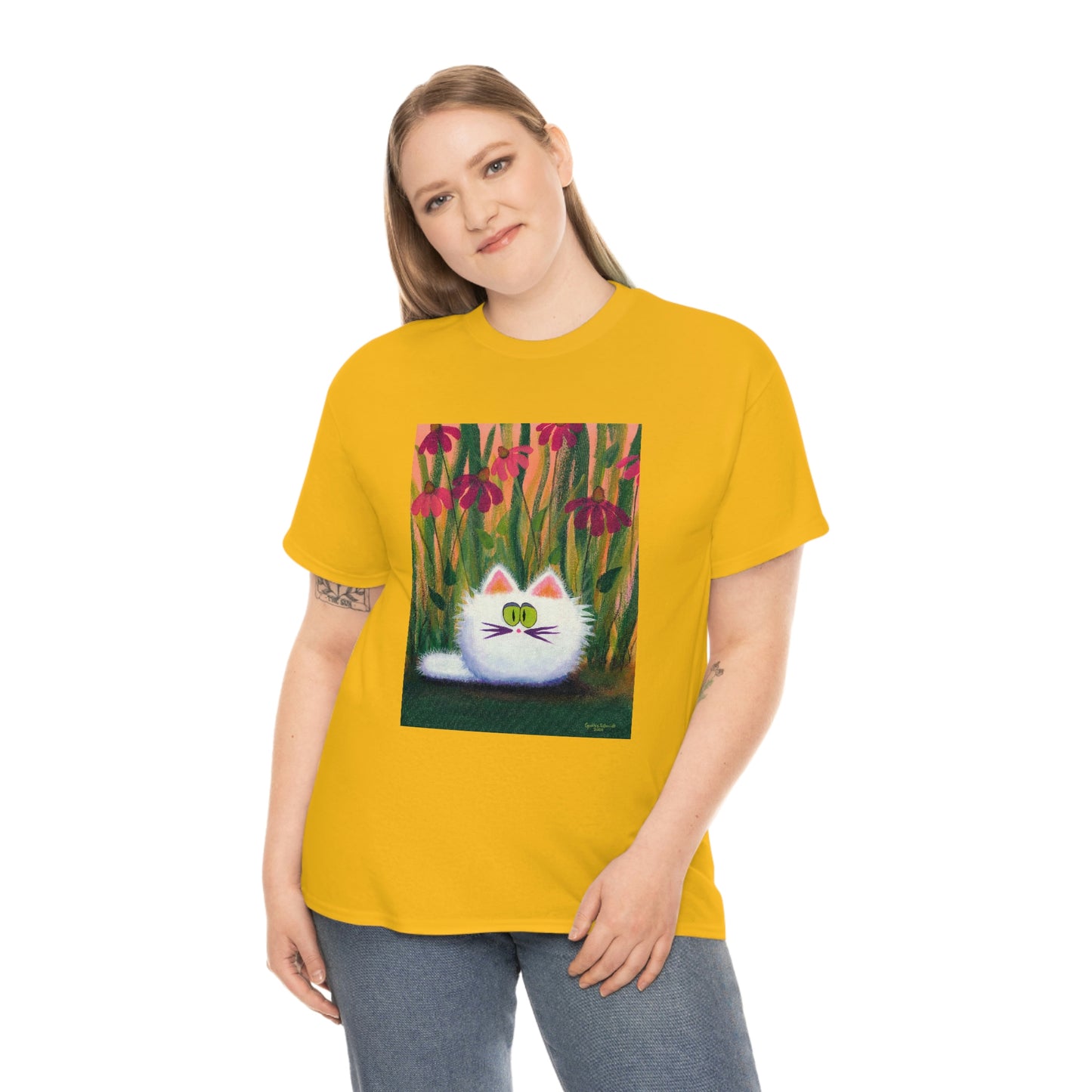 White FluffCat with Coneflowers - T-Shirt! Free Shipping!