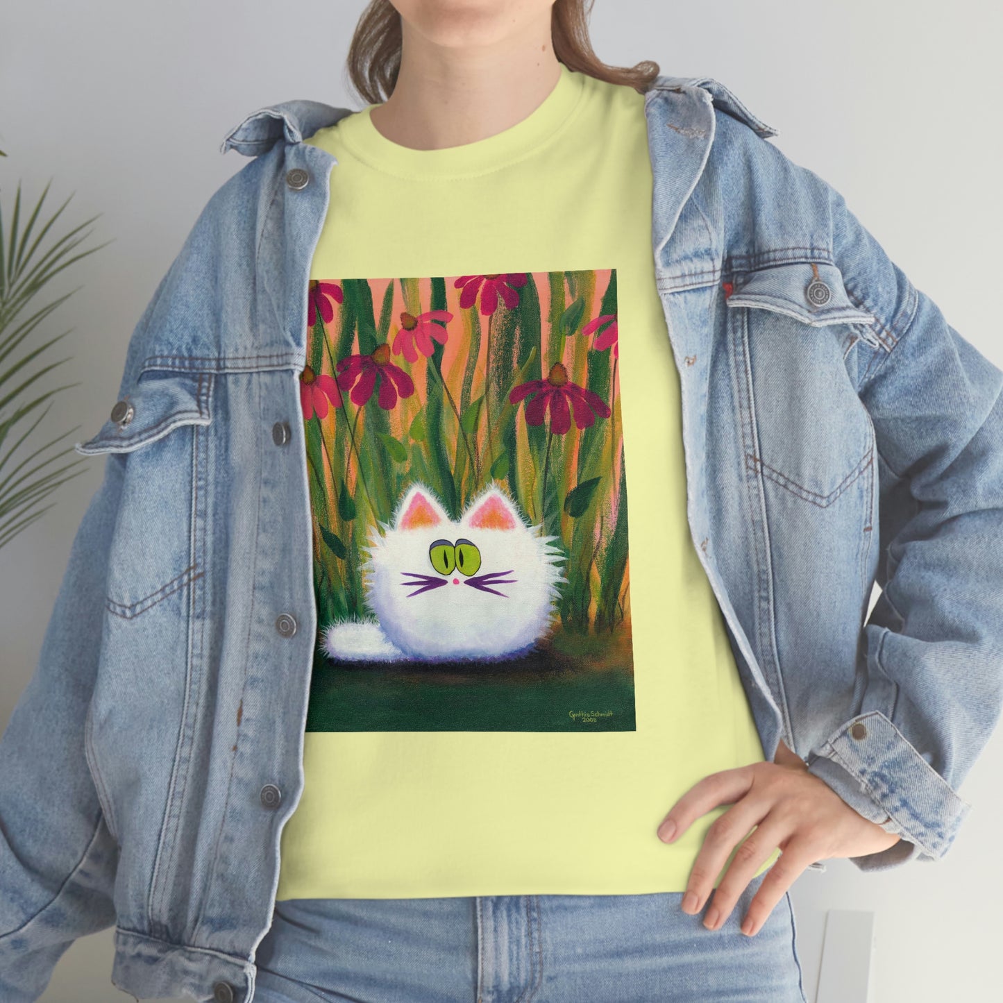 White FluffCat with Coneflowers - T-Shirt!  Free Shipping!