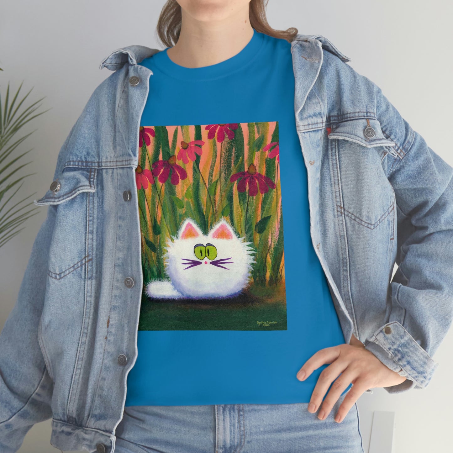 White FluffCat with Coneflowers - T-Shirt! Free Shipping!