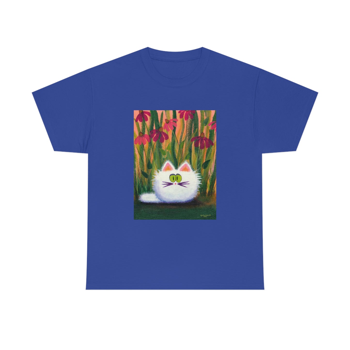 White FluffCat with Coneflowers - T-Shirt!  Free Shipping!