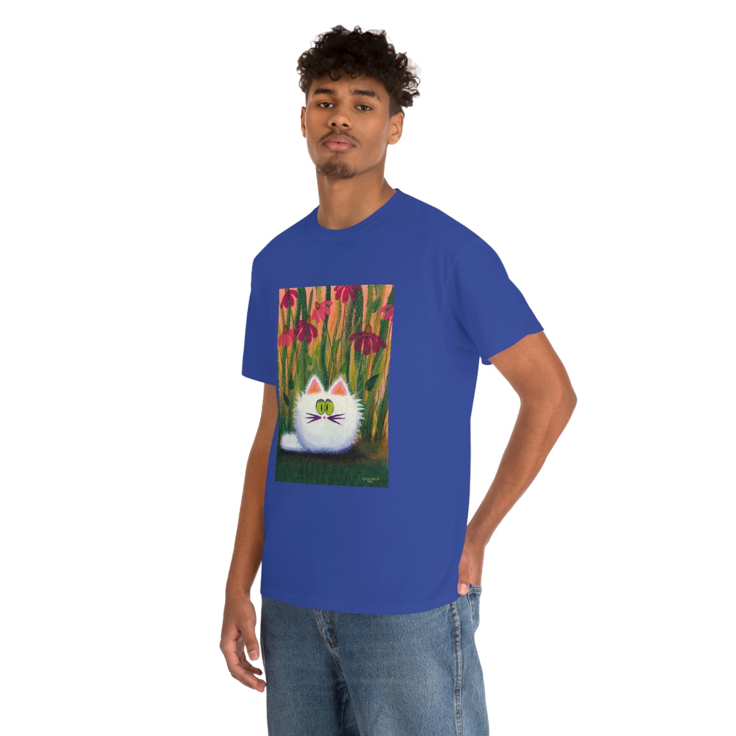 White FluffCat with Coneflowers - T-Shirt!  Free Shipping!