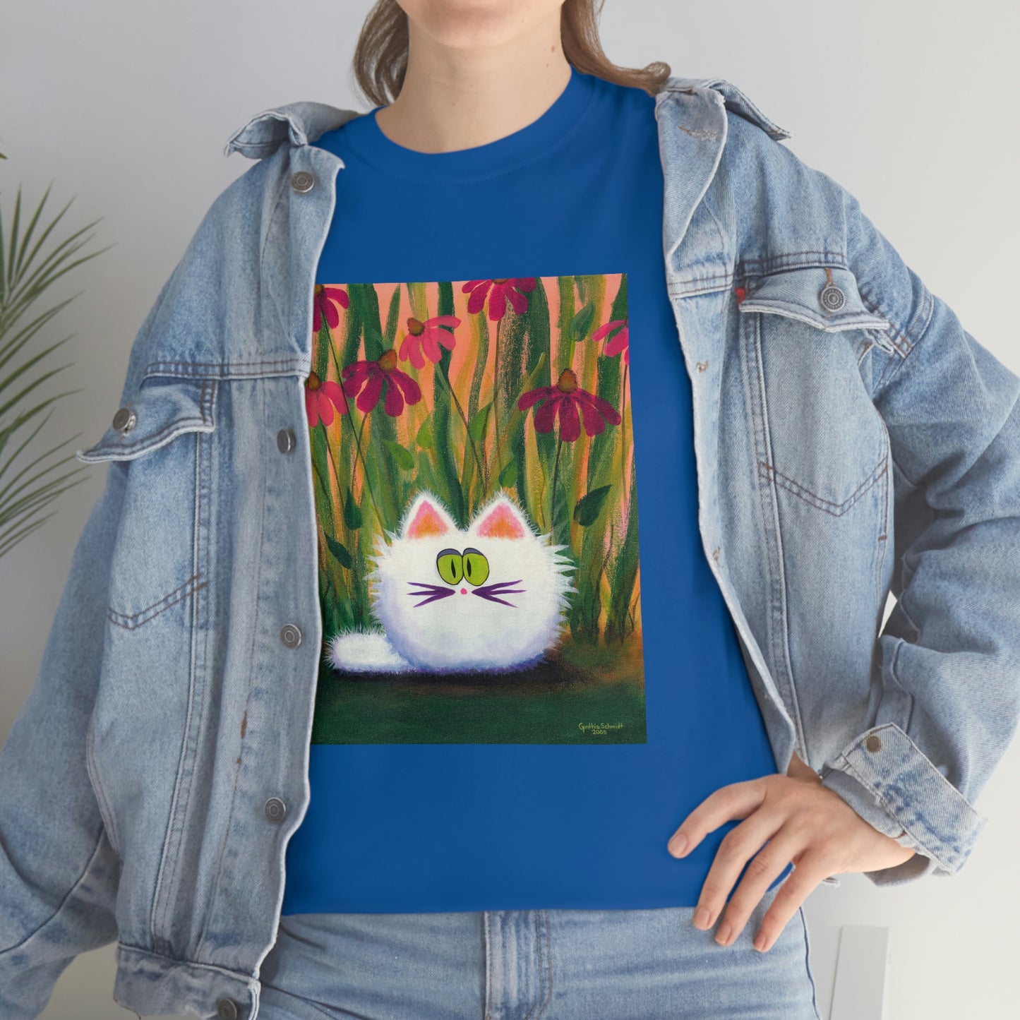 White FluffCat with Coneflowers - T-Shirt!  Free Shipping!