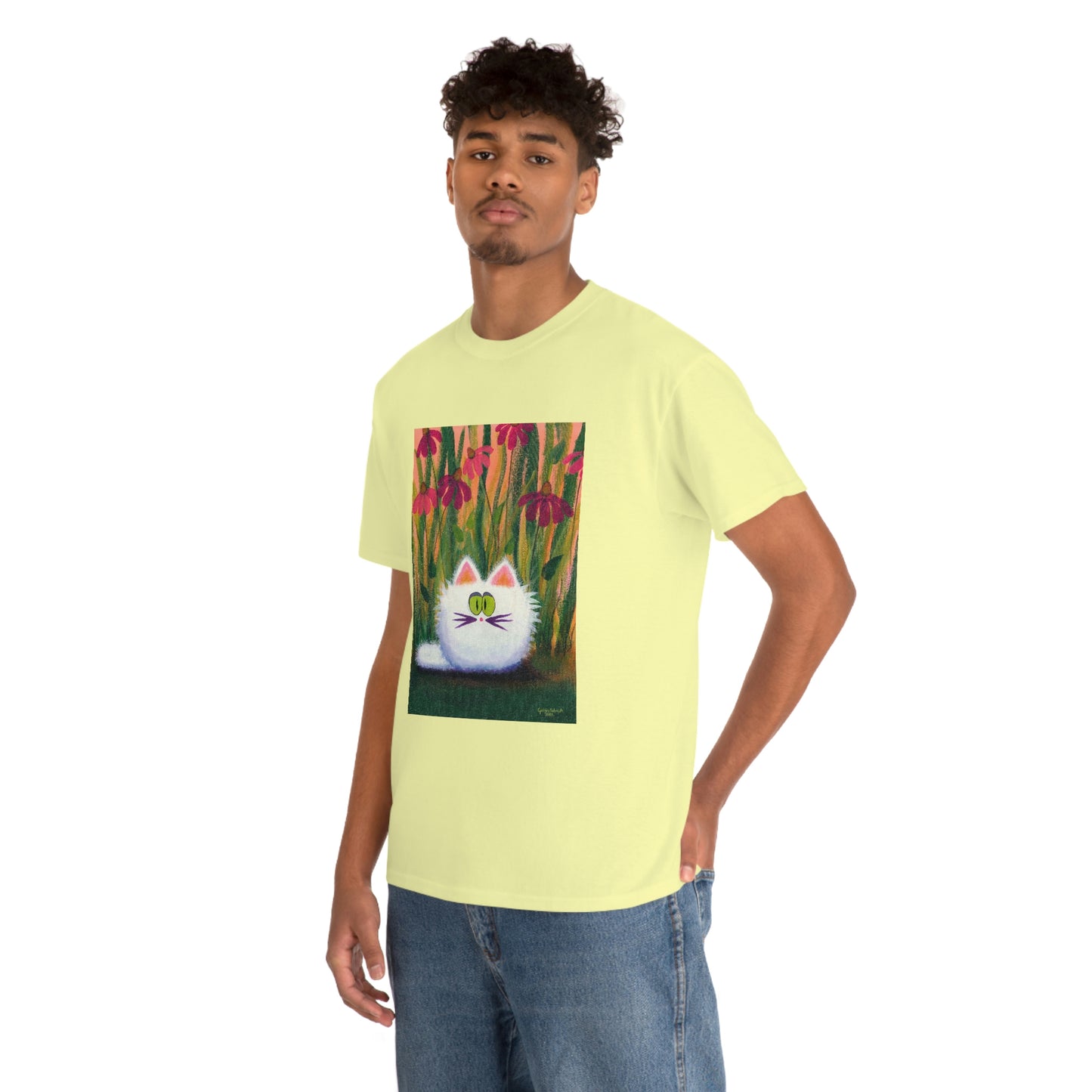 White FluffCat with Coneflowers - T-Shirt!  Free Shipping!