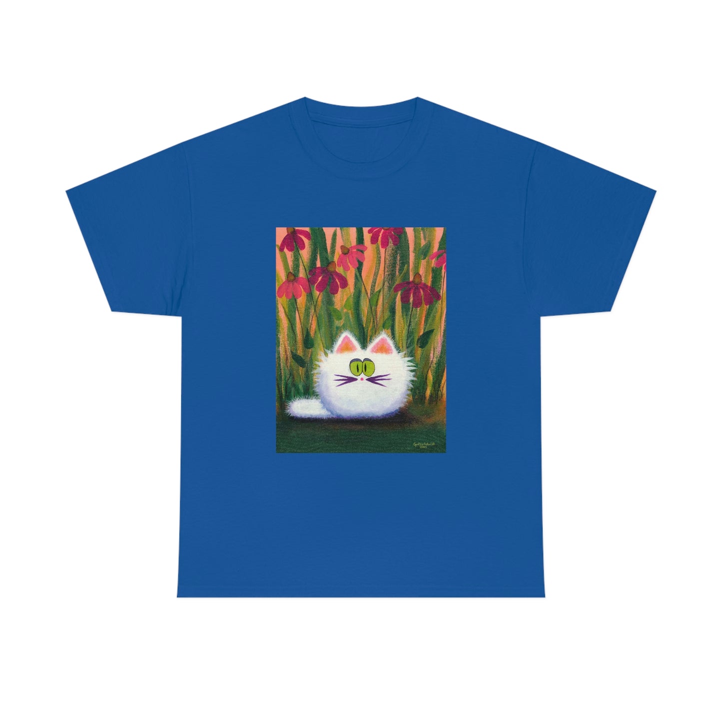 White FluffCat with Coneflowers - T-Shirt! Free Shipping!