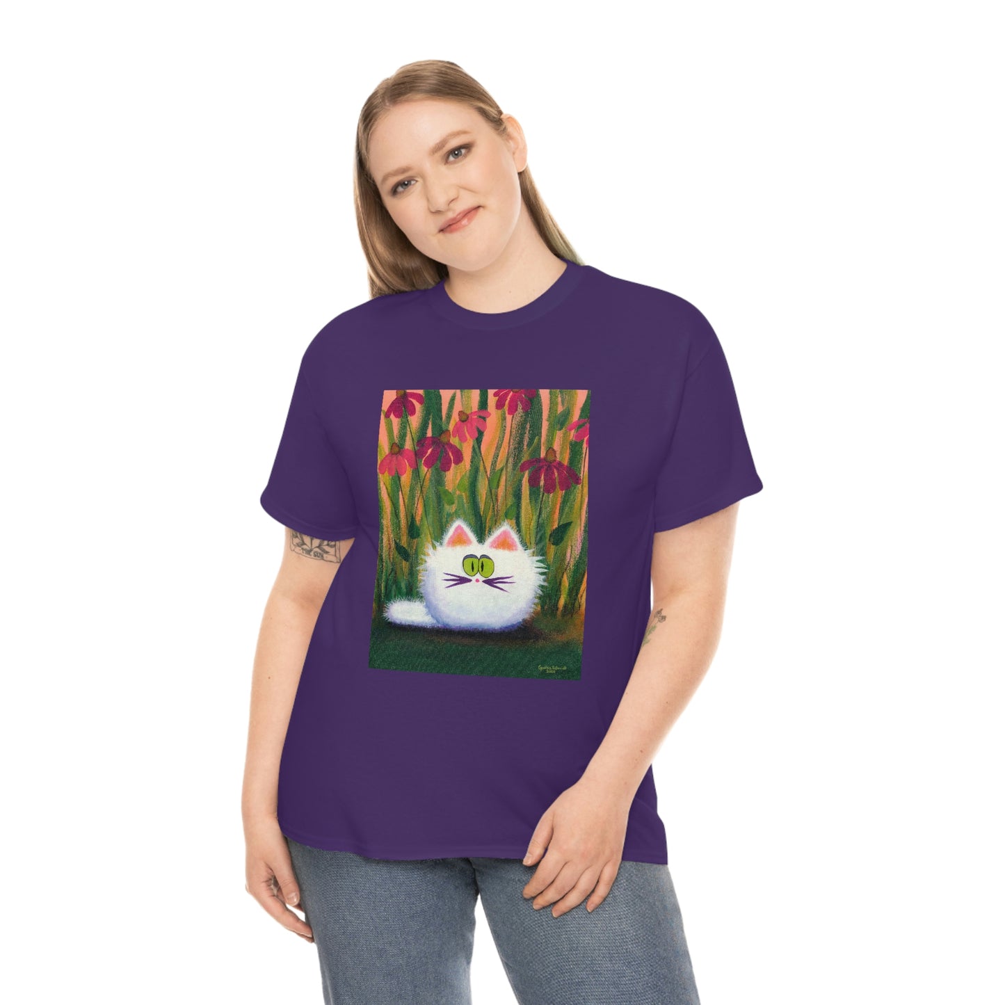 White FluffCat with Coneflowers - T-Shirt!  Free Shipping!