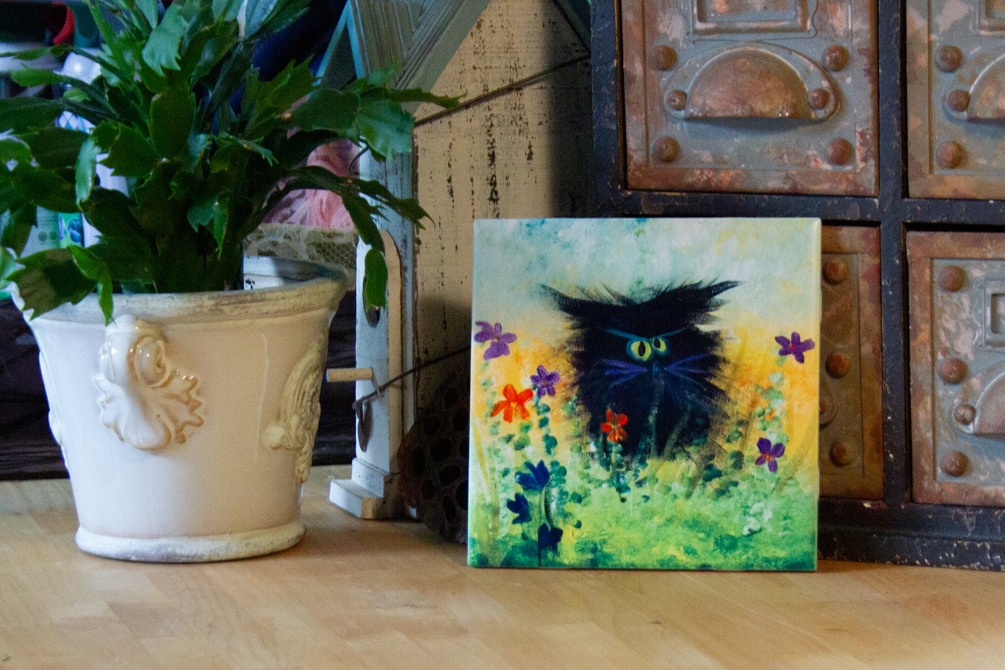 Black Cranky Cat with Purple Whiskers - Ceramic Tile