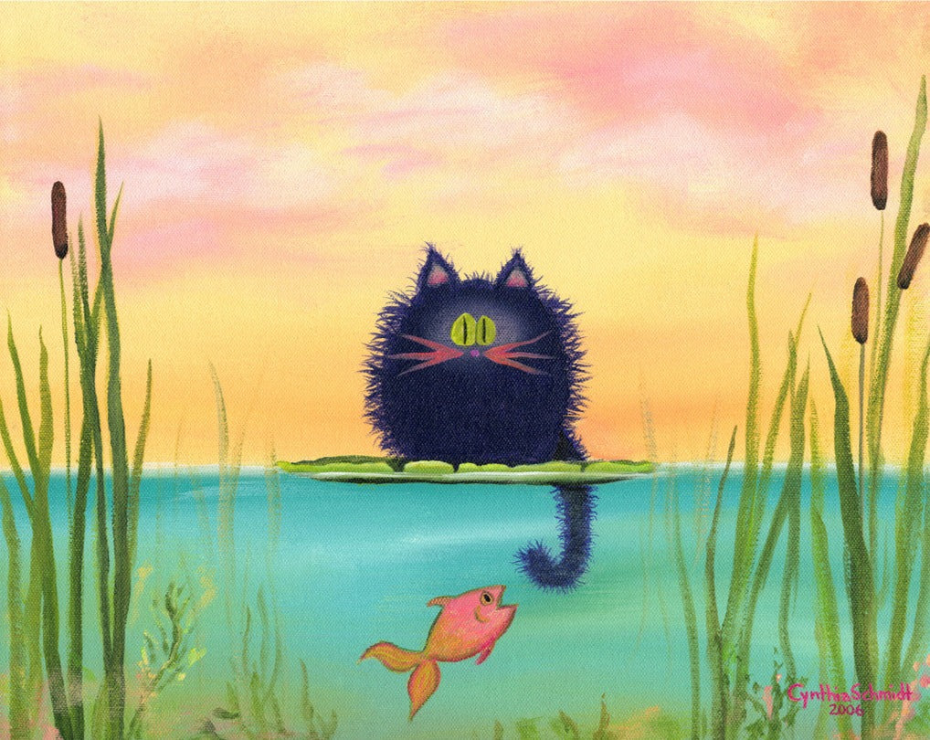Fishing Cat with Goldfish - Cranky Cat Collection by Cynthia Schmidt