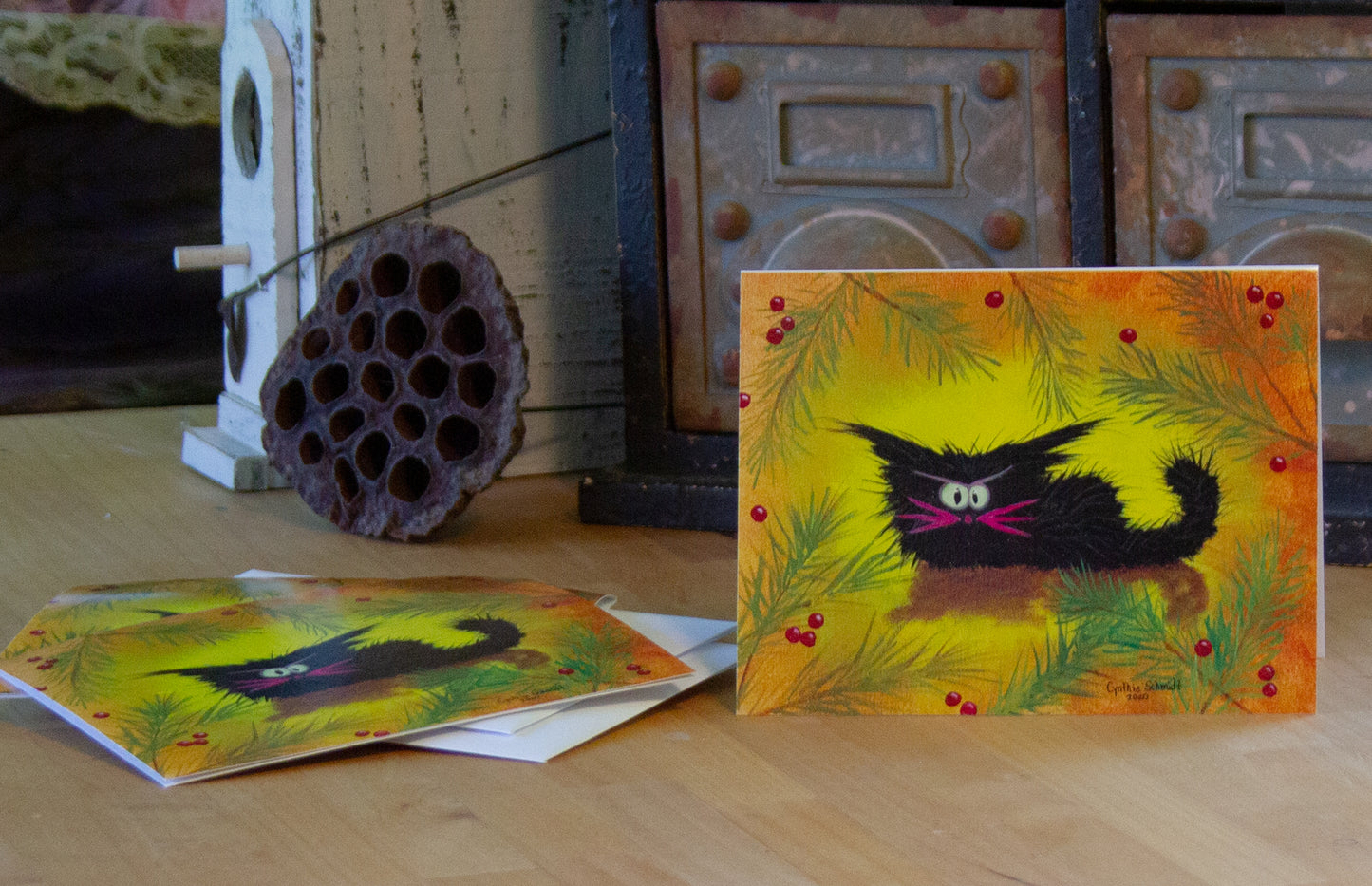Christmas Cranky Black Cat — Note Card