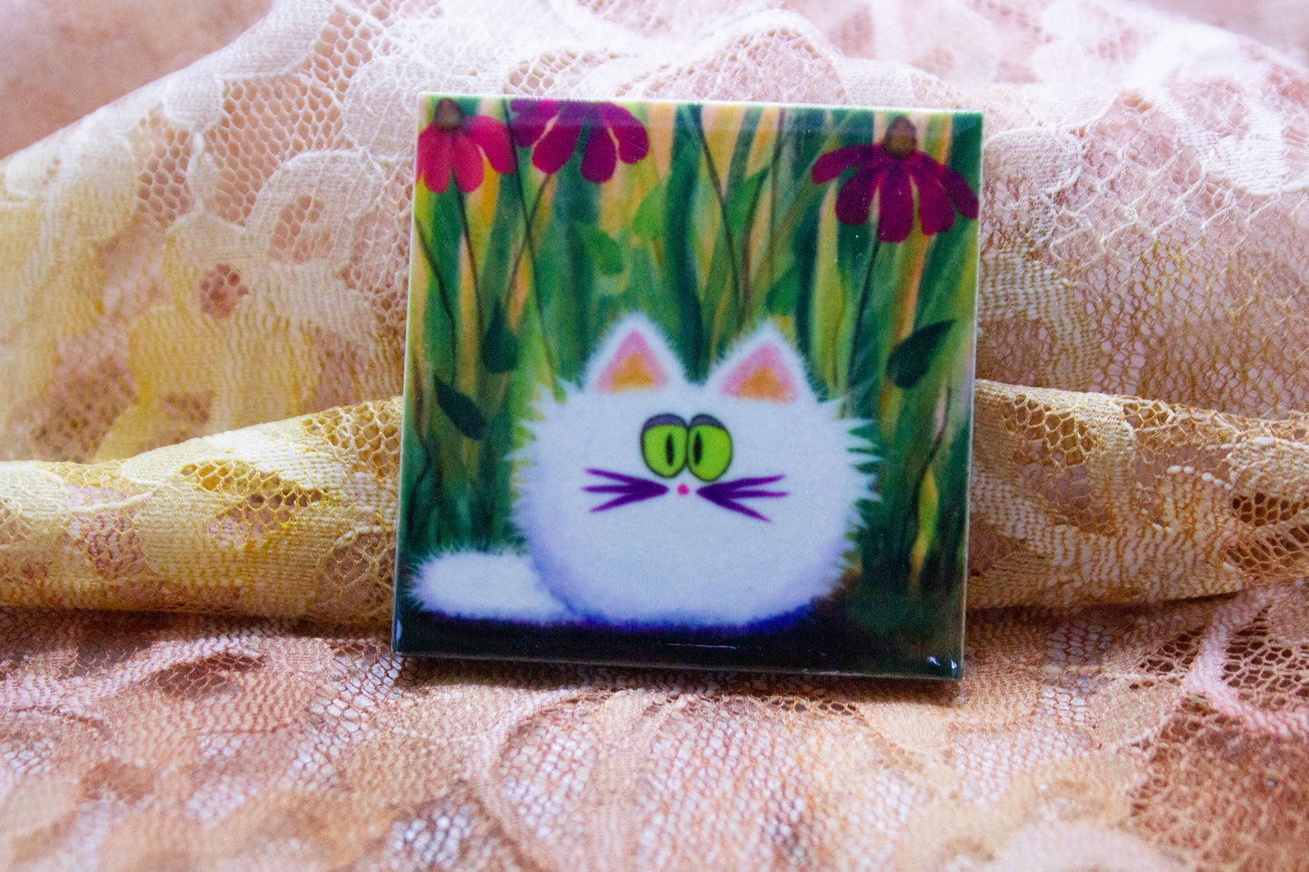 White Cat with Coneflowers - Magnet