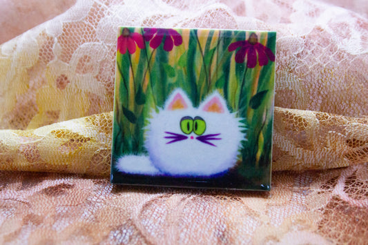 White Cat with Coneflowers - Magnet