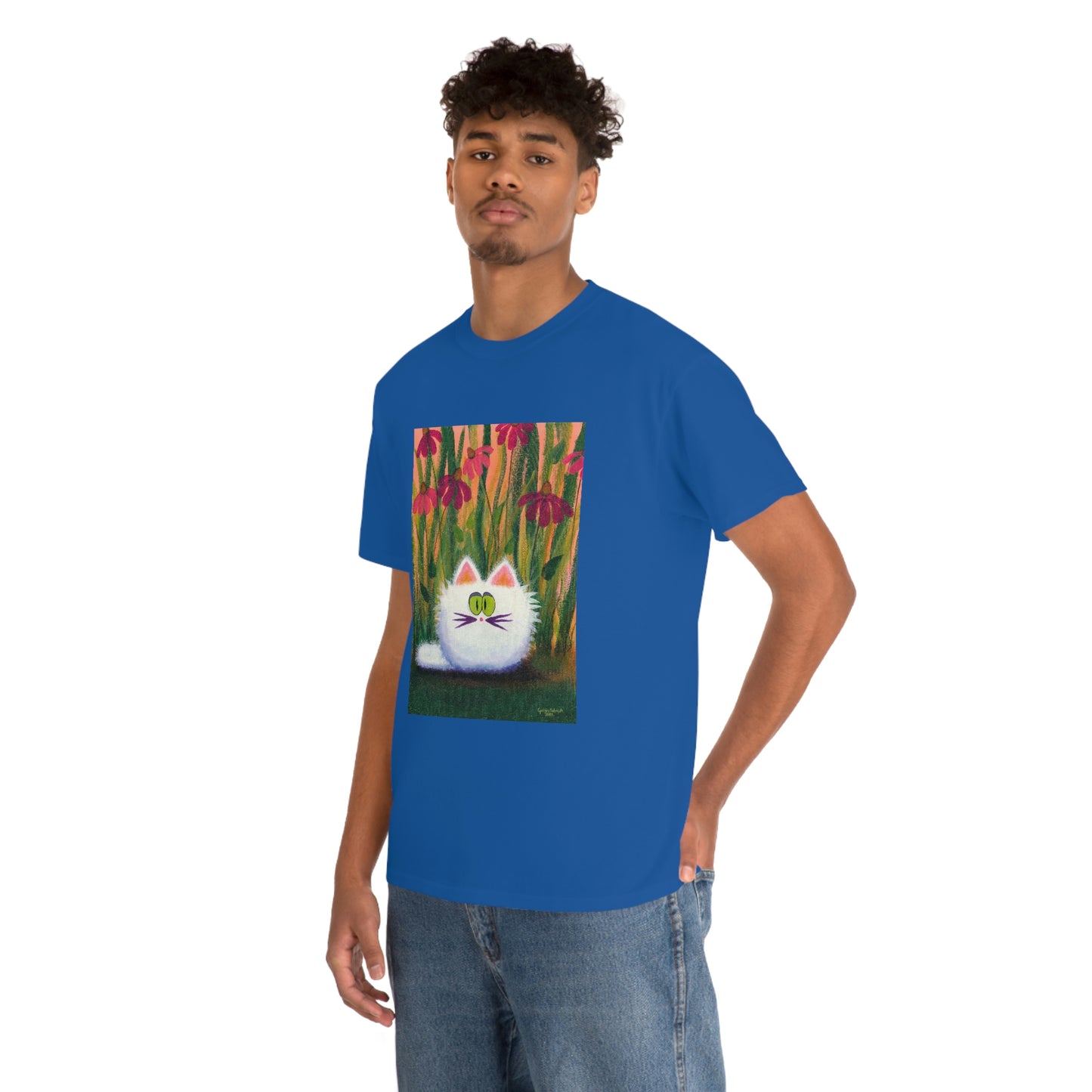White FluffCat with Coneflowers - T-Shirt! Free Shipping!