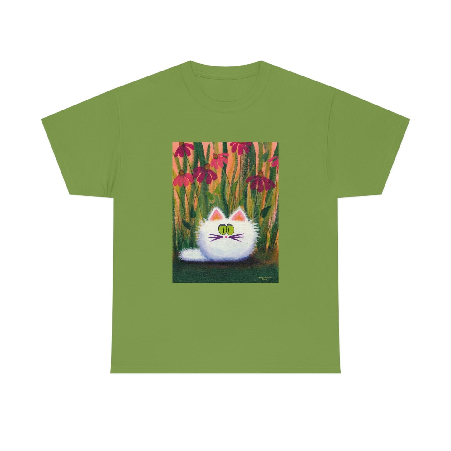 White FluffCat with Coneflowers - T-Shirt! Free Shipping!