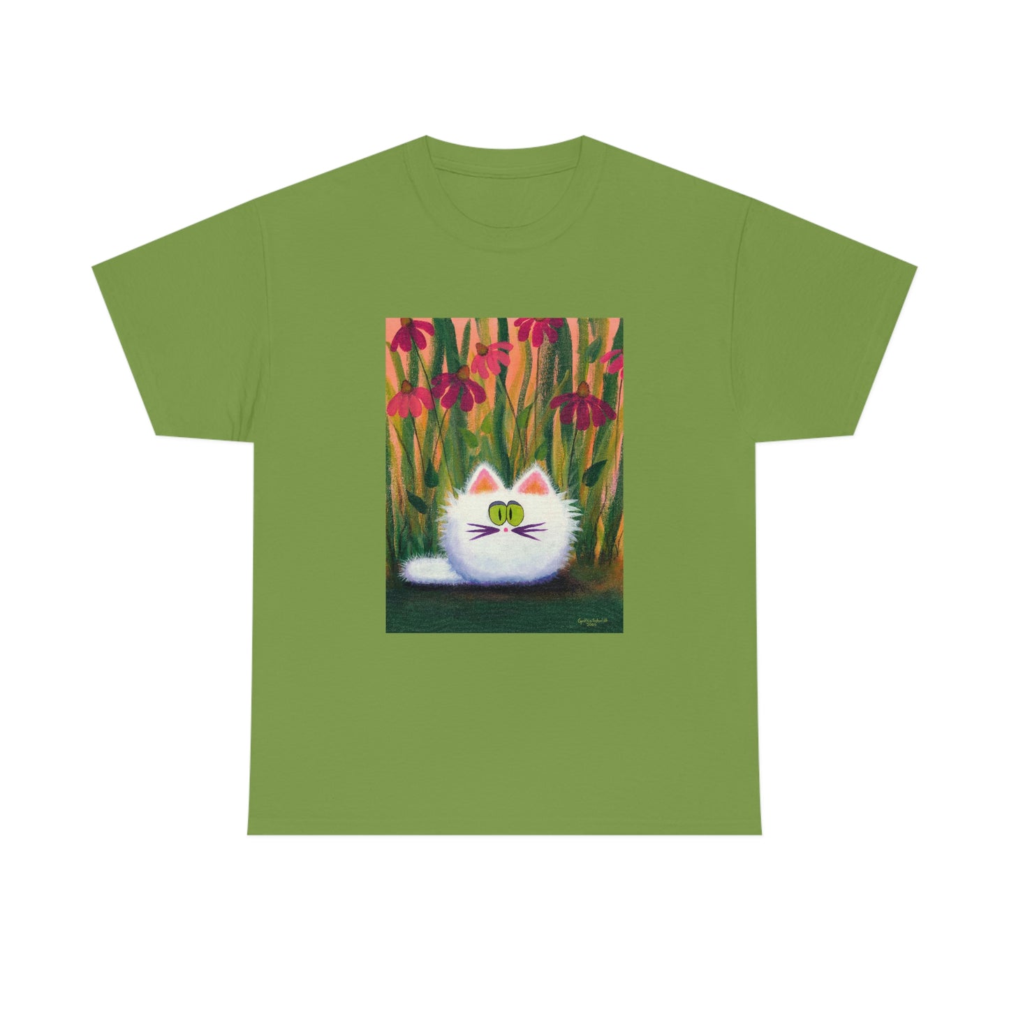 White FluffCat with Coneflowers - T-Shirt!  Free Shipping!