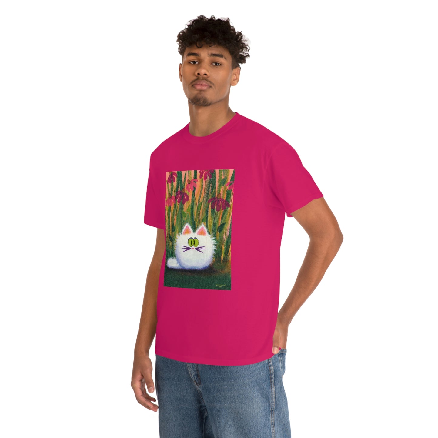 White FluffCat with Coneflowers - T-Shirt!  Free Shipping!