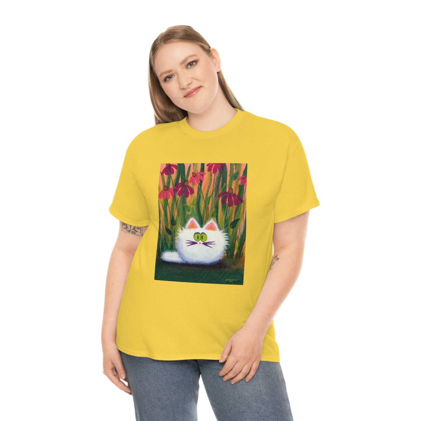 White FluffCat with Coneflowers - T-Shirt! Free Shipping!